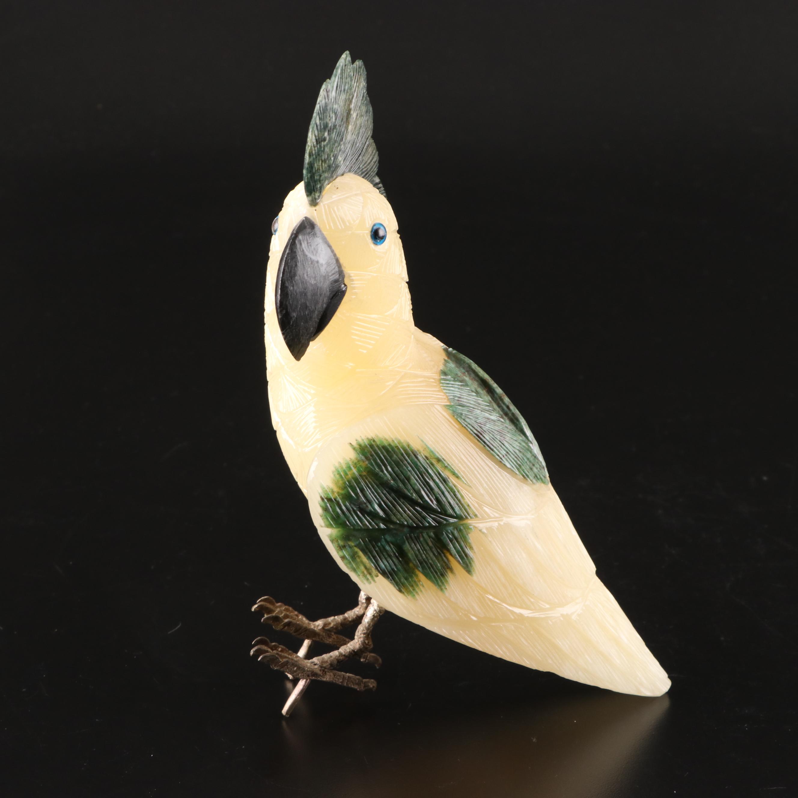 Carved Alabaster Pedestal Bowl, Stone Cockatiel Figurine, Incolay Trinket Box