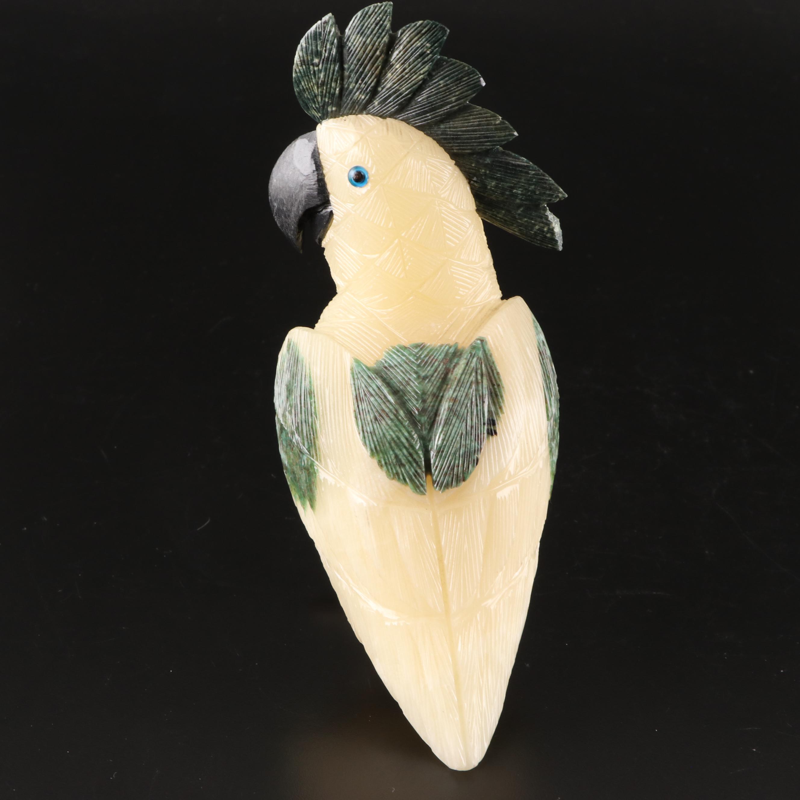 Carved Alabaster Pedestal Bowl, Stone Cockatiel Figurine, Incolay Trinket Box