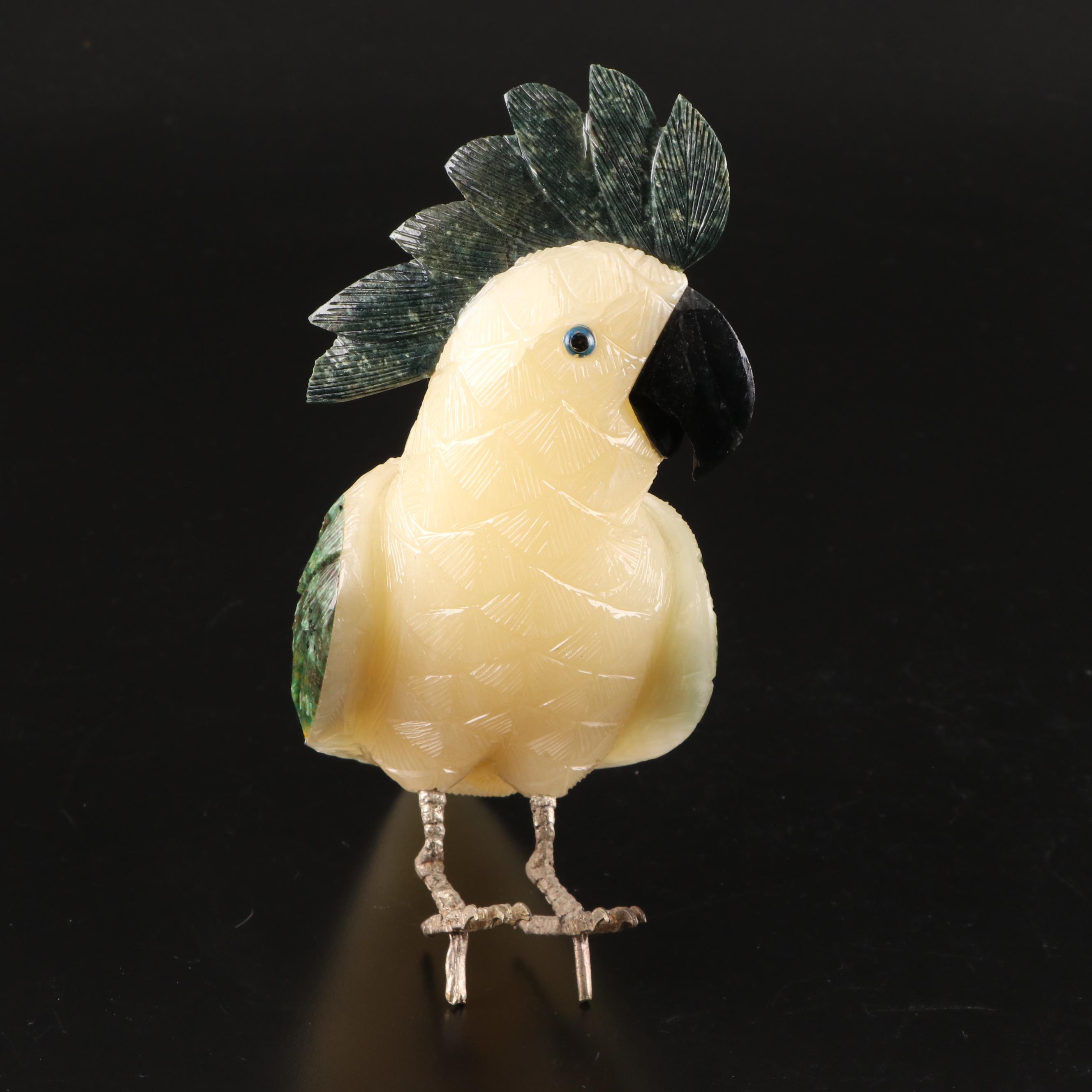Carved Alabaster Pedestal Bowl, Stone Cockatiel Figurine, Incolay Trinket Box