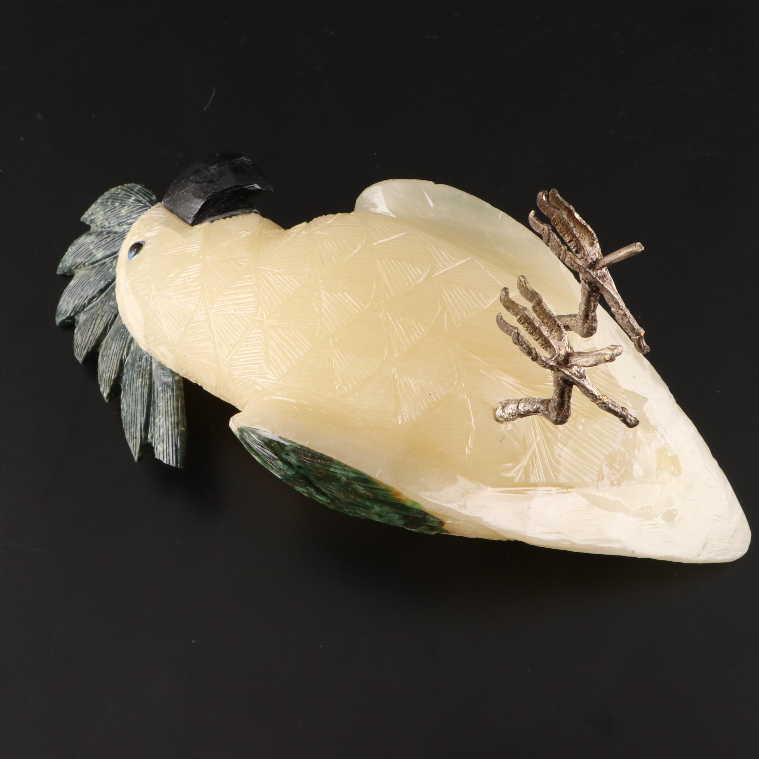 Carved Alabaster Pedestal Bowl, Stone Cockatiel Figurine, Incolay Trinket Box