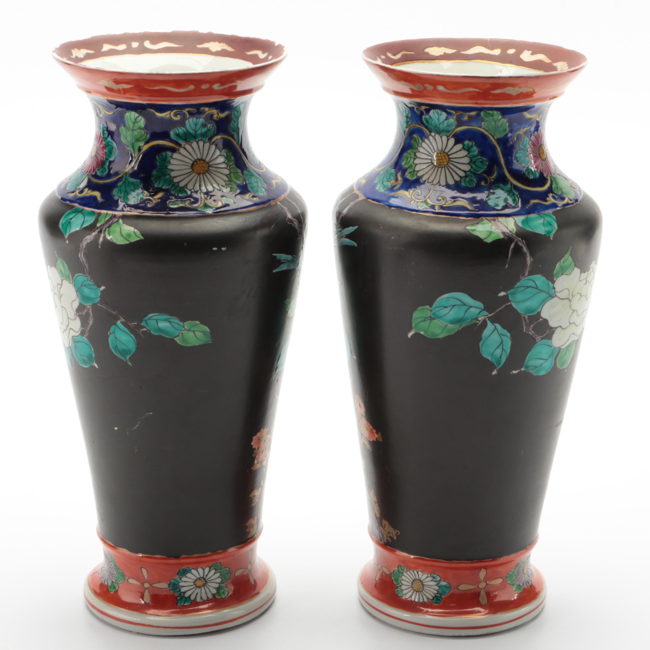 Pair of East Asian Hand-Painted Floral Porcelain Vases