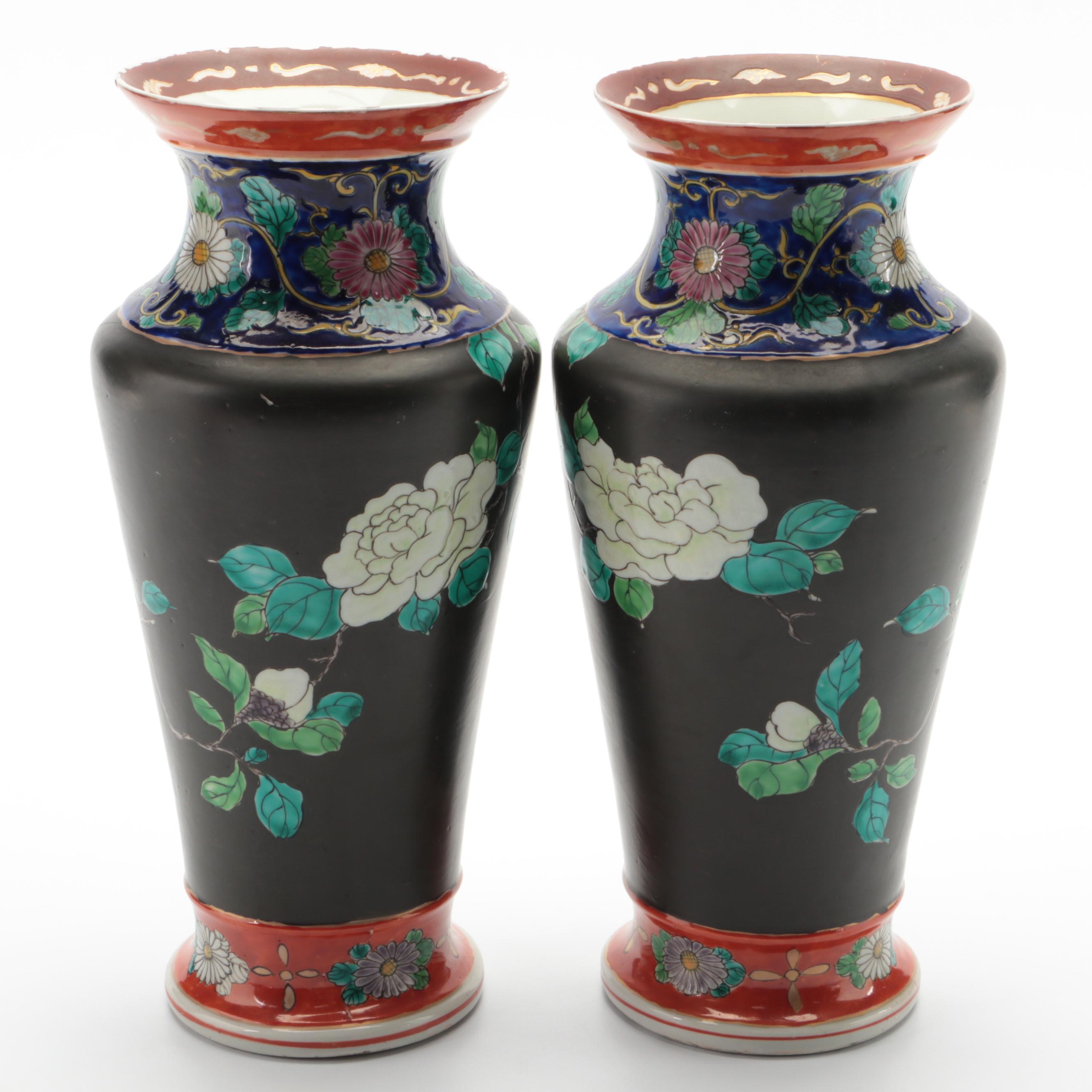 Pair of East Asian Hand-Painted Floral Porcelain Vases