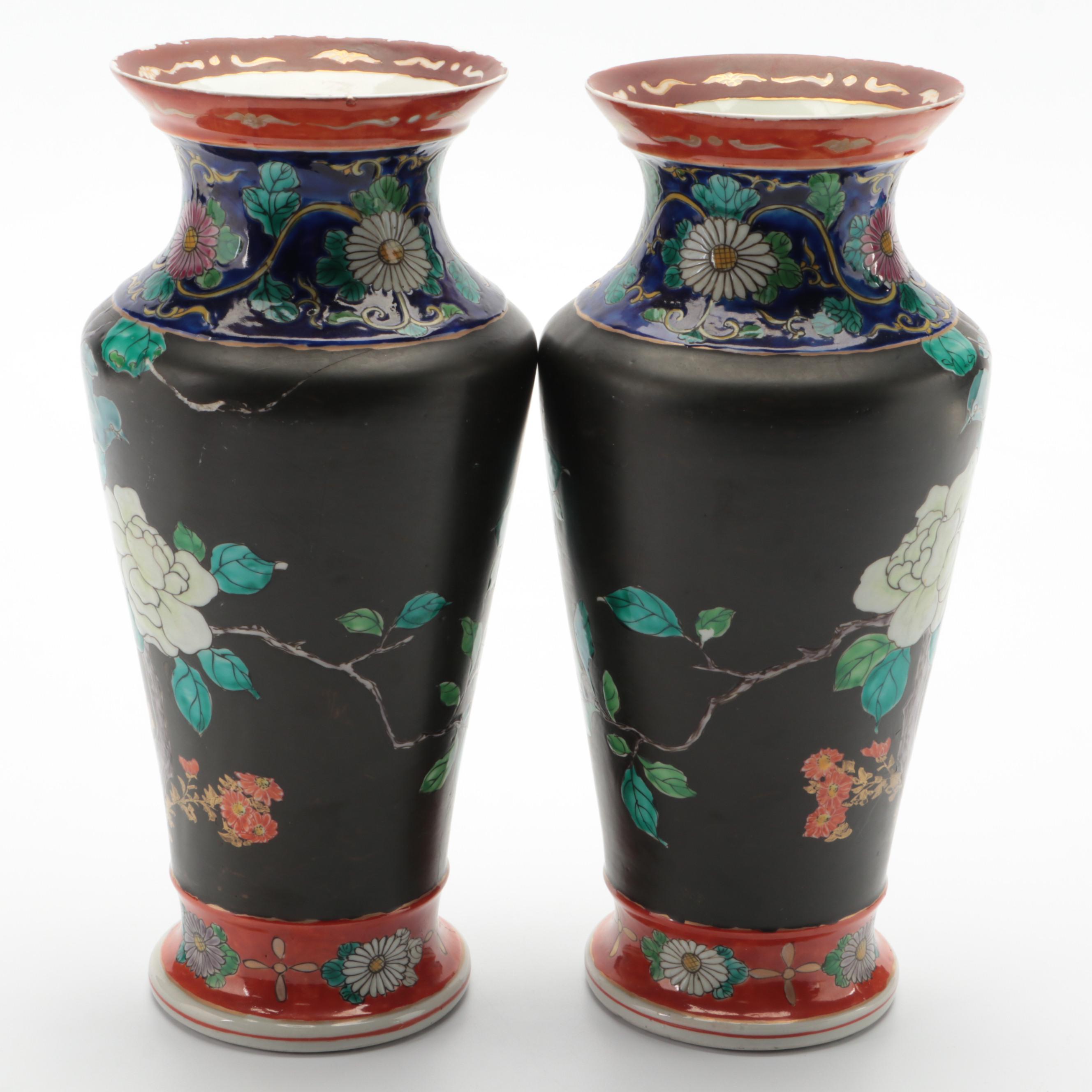 Pair of East Asian Hand-Painted Floral Porcelain Vases