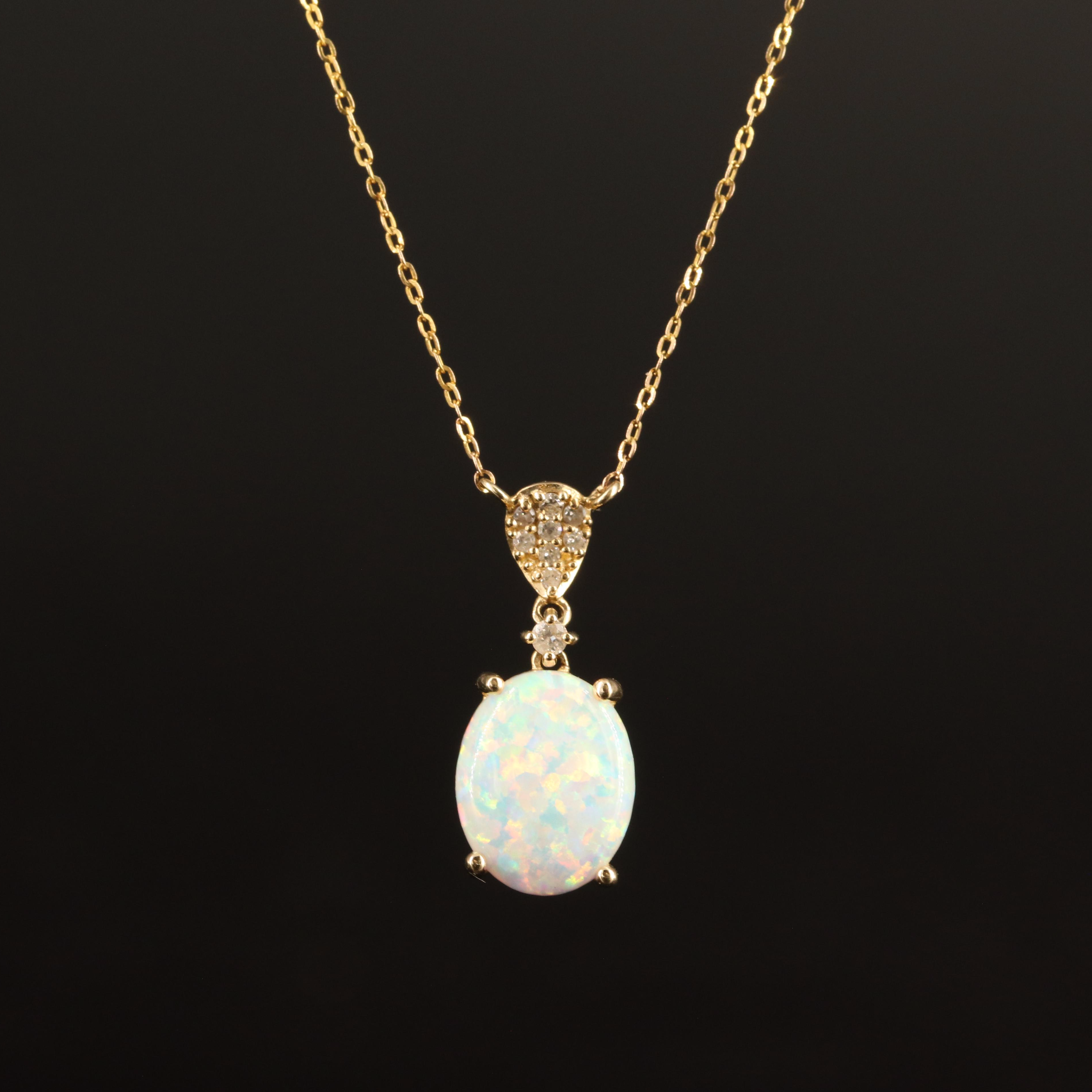 10K Opal and Diamond Pendant Necklace