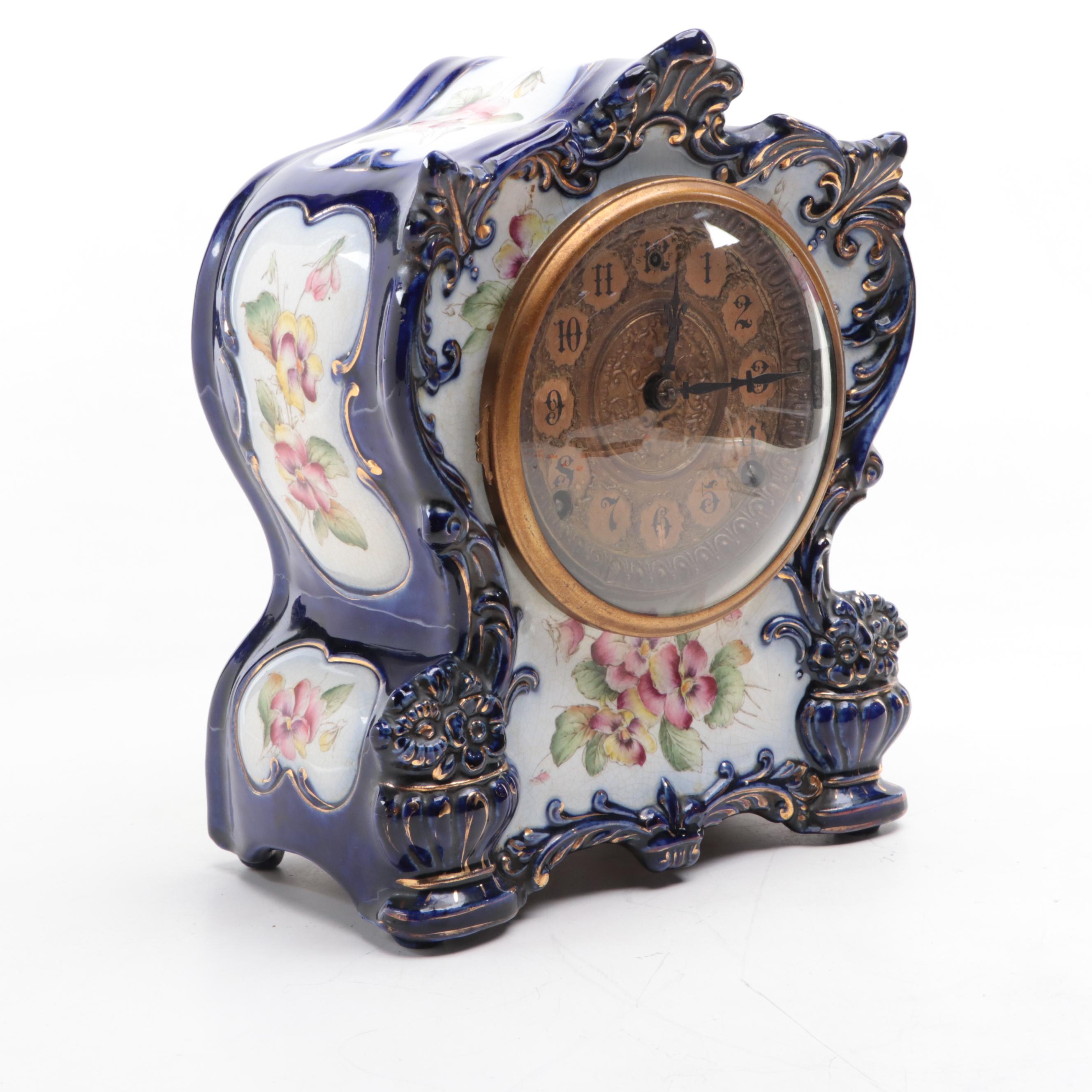 German Style Floral Porcelain Mantel Clock, Late 19th/ Early 20th Century