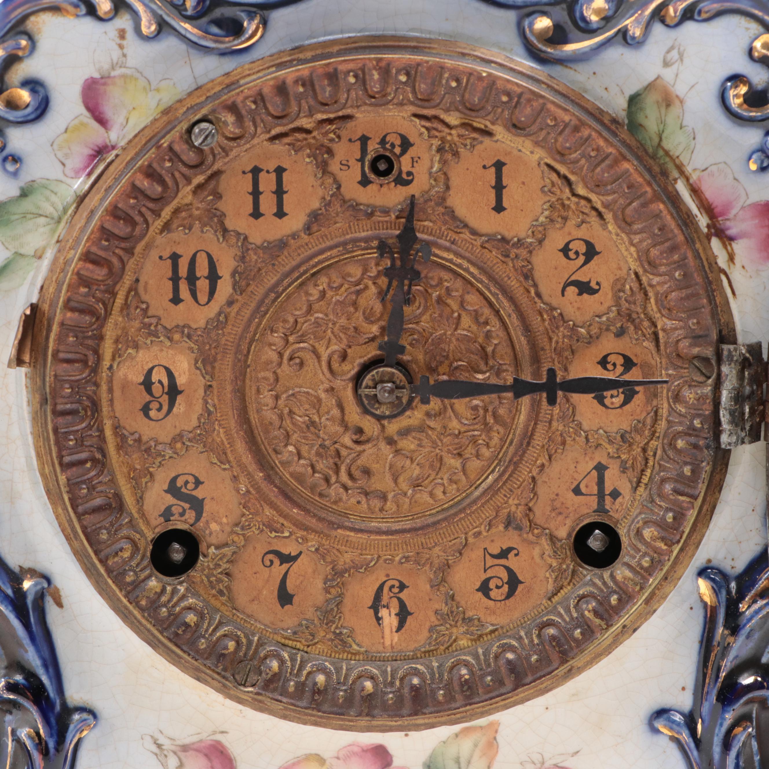 German Style Floral Porcelain Mantel Clock, Late 19th/ Early 20th Century