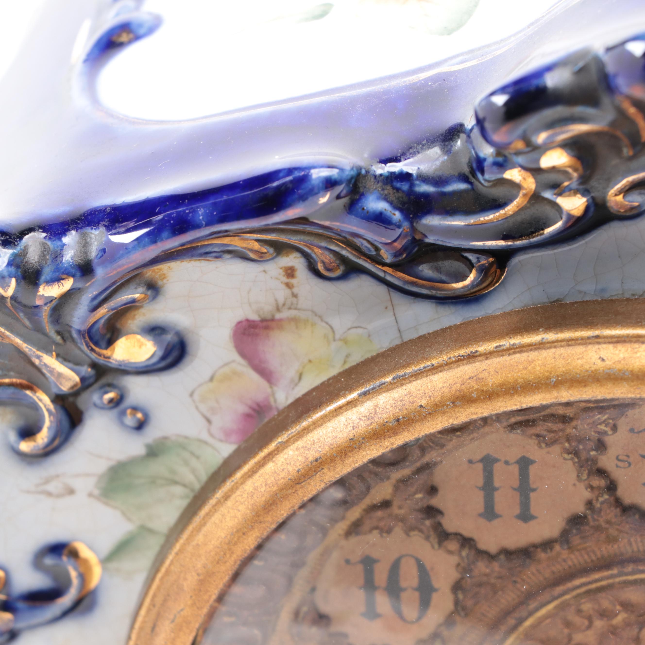 German Style Floral Porcelain Mantel Clock, Late 19th/ Early 20th Century