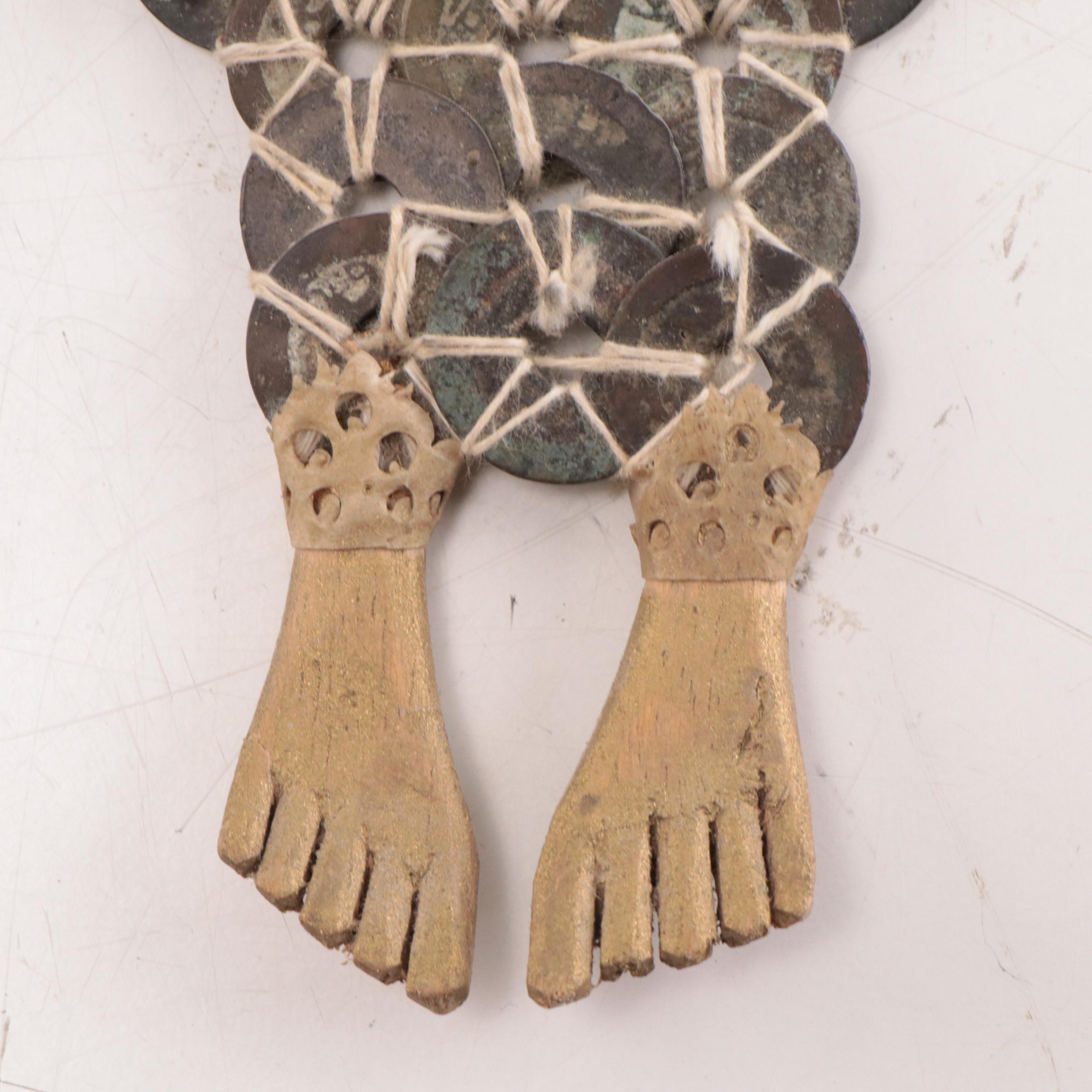 Balinese Kepeng Dewi Sri Rice Goddess Doll and Carved Relief Woodblock