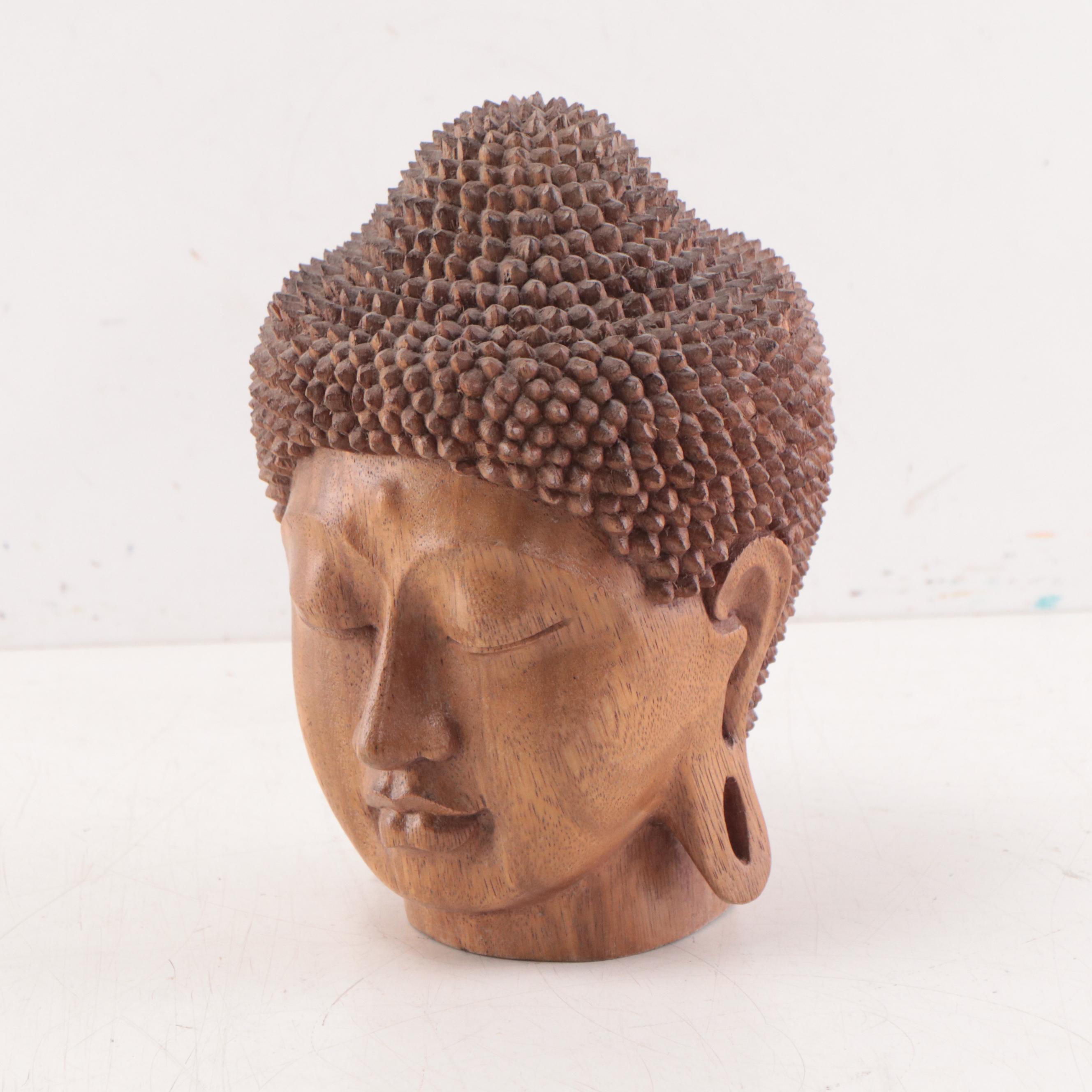Indonesian Carved Wooden Head of Buddha