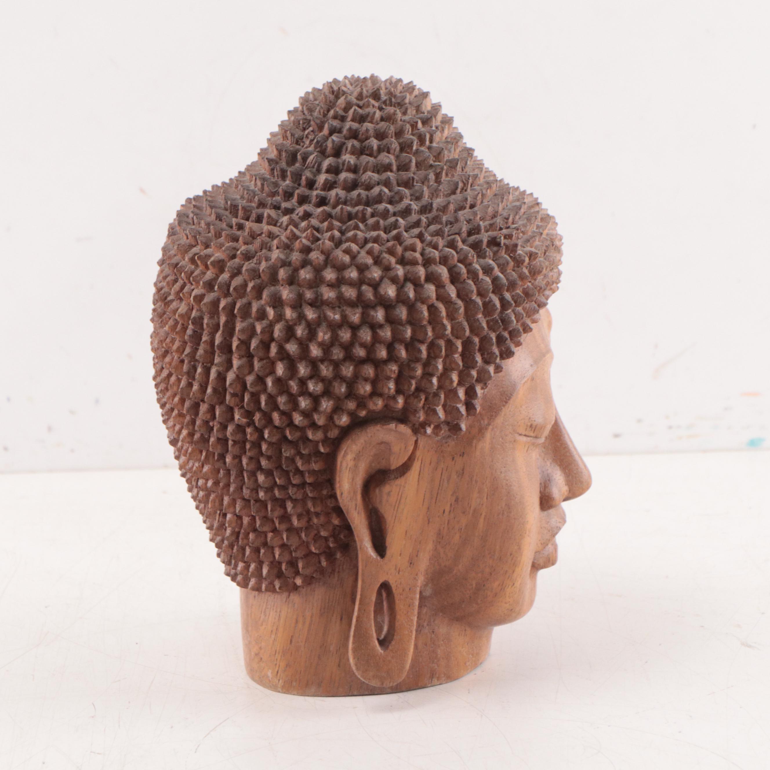 Indonesian Carved Wooden Head of Buddha
