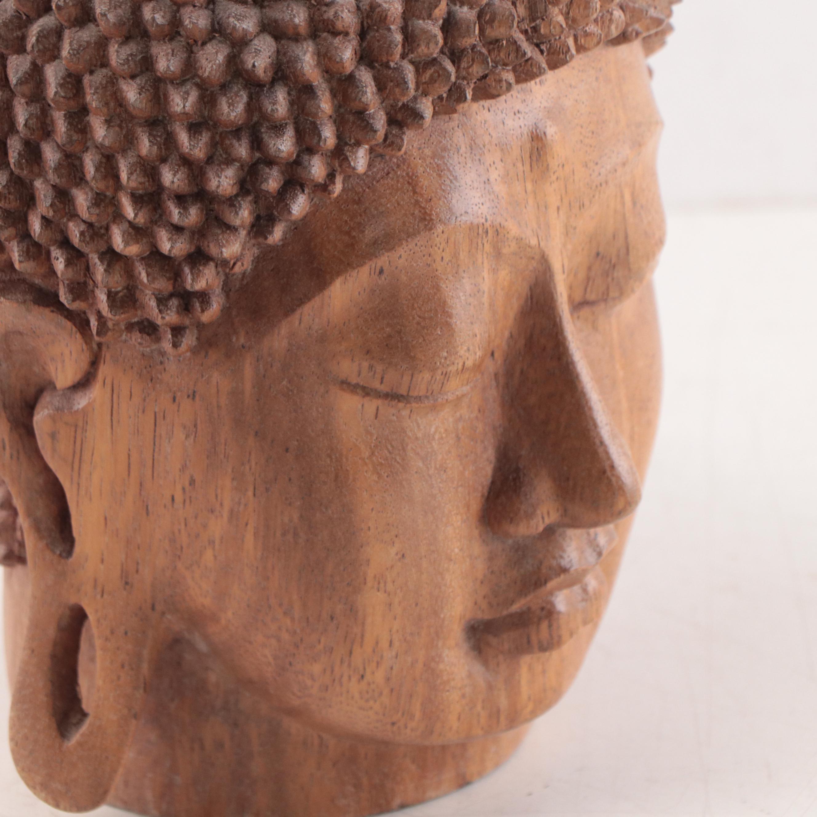 Indonesian Carved Wooden Head of Buddha