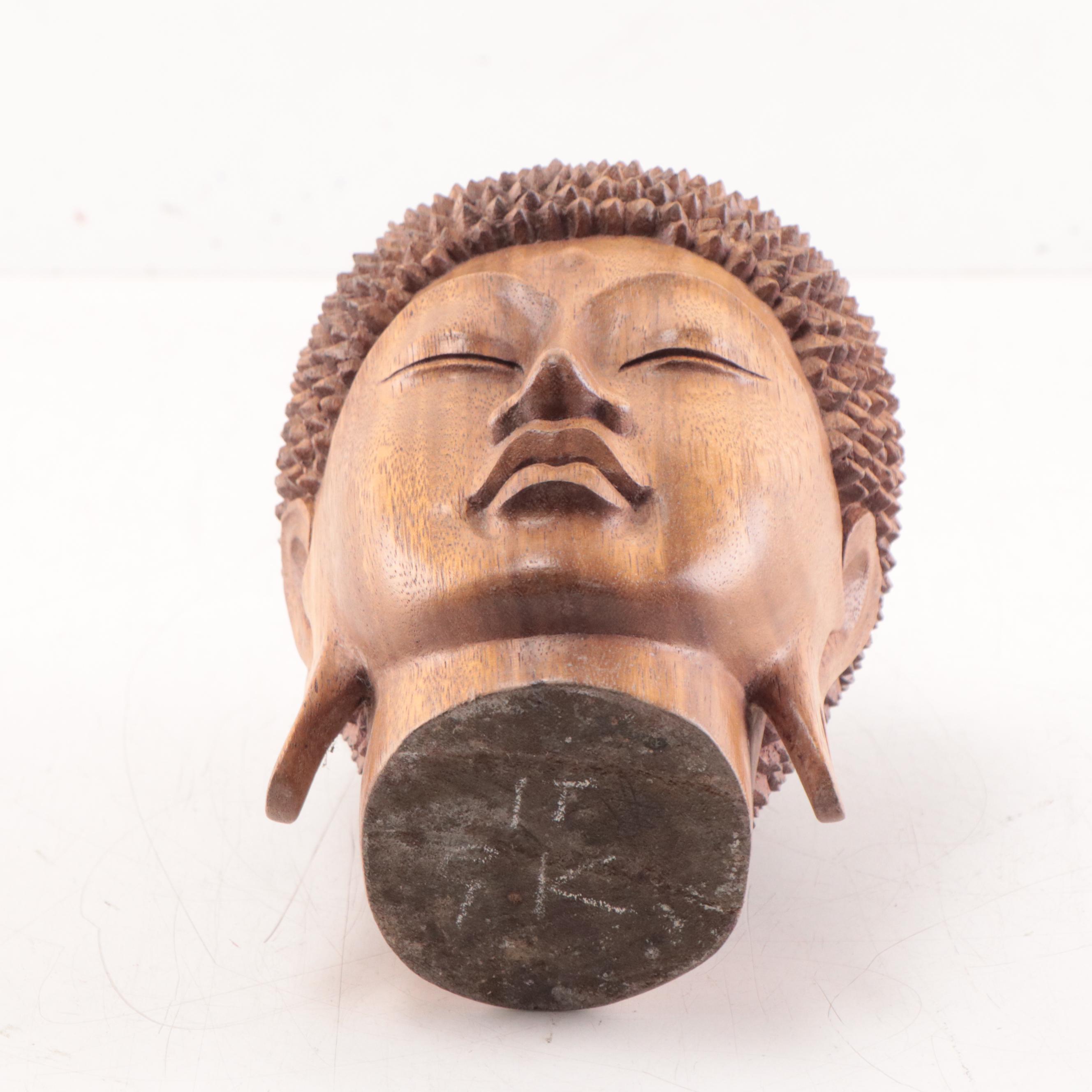 Indonesian Carved Wooden Head of Buddha