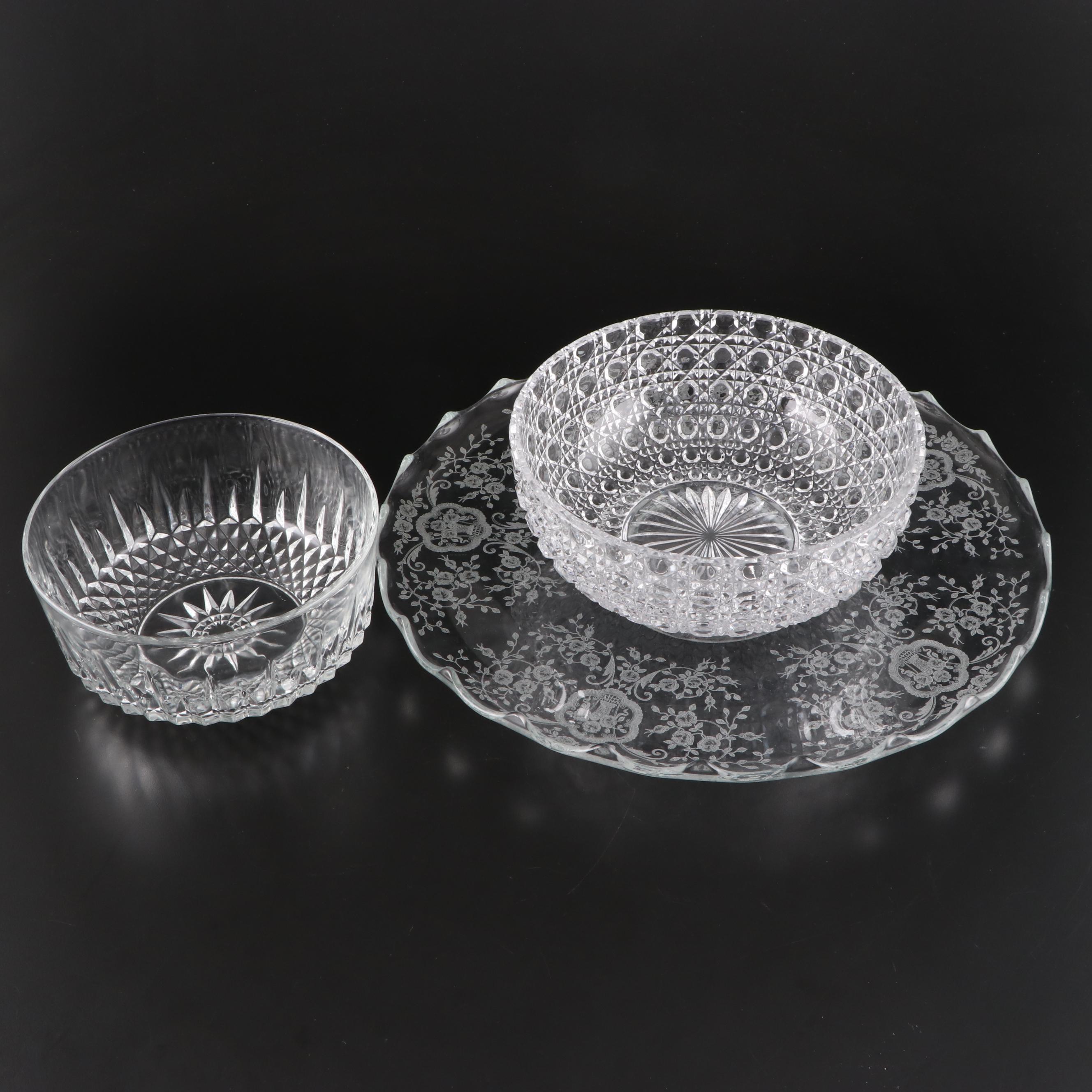 Pressed and Cut Glass Serving Bowls with Etched Glass Cake Plate