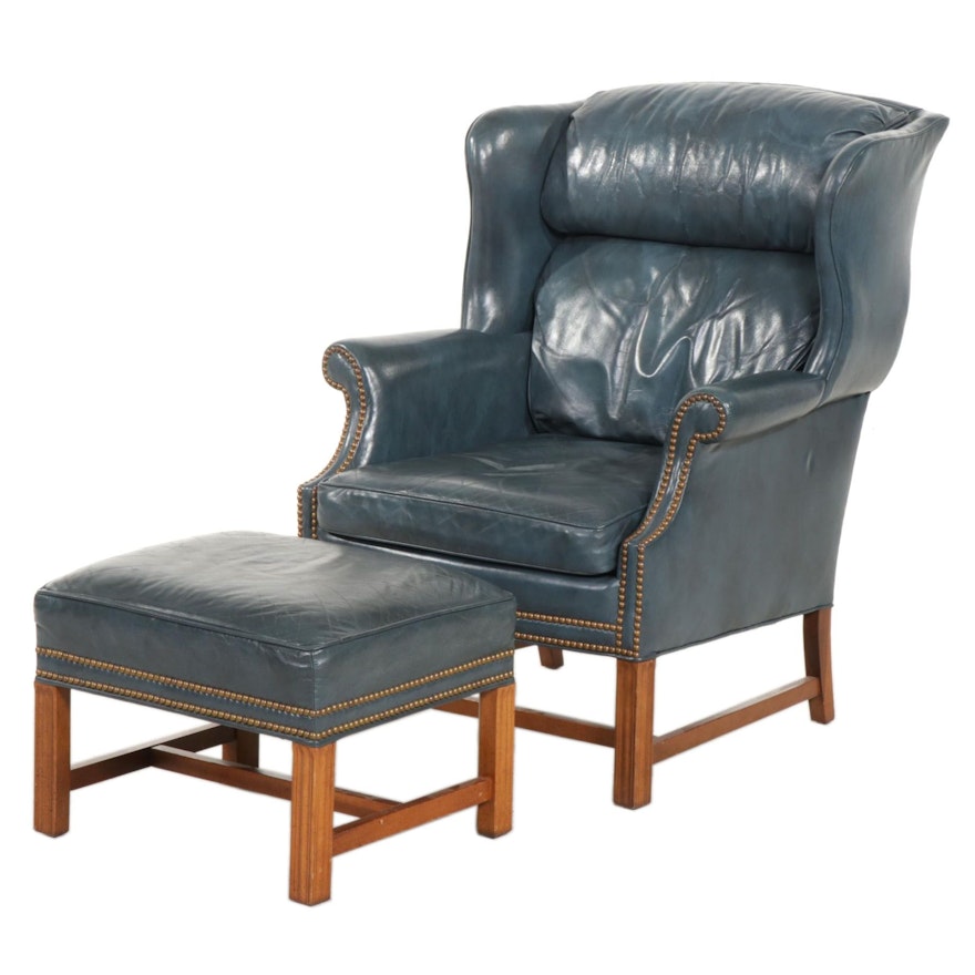 Sherrill Chippendale Style Brass Tacked and Blue Leather Wingback Armchair