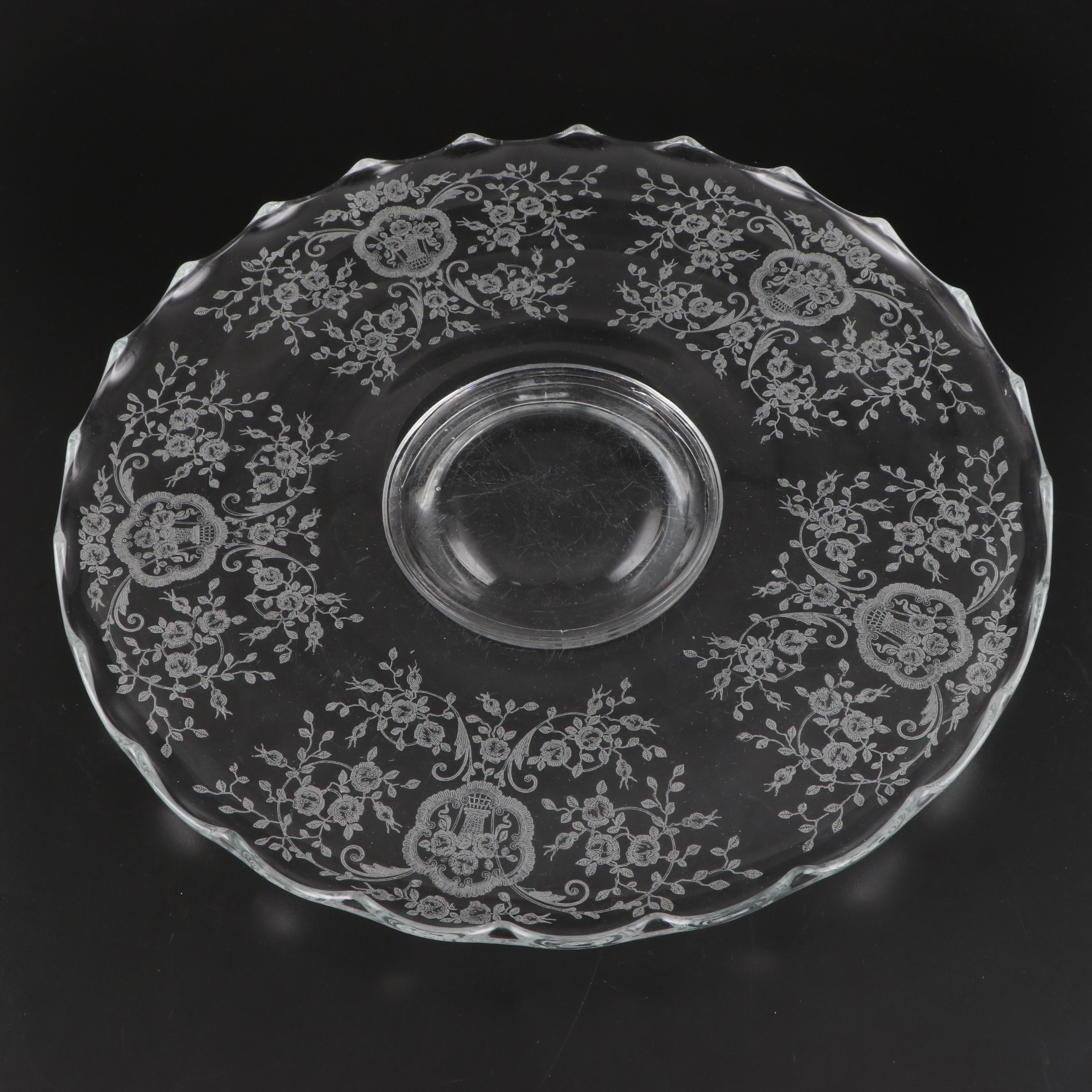 Pressed and Cut Glass Serving Bowls with Etched Glass Cake Plate