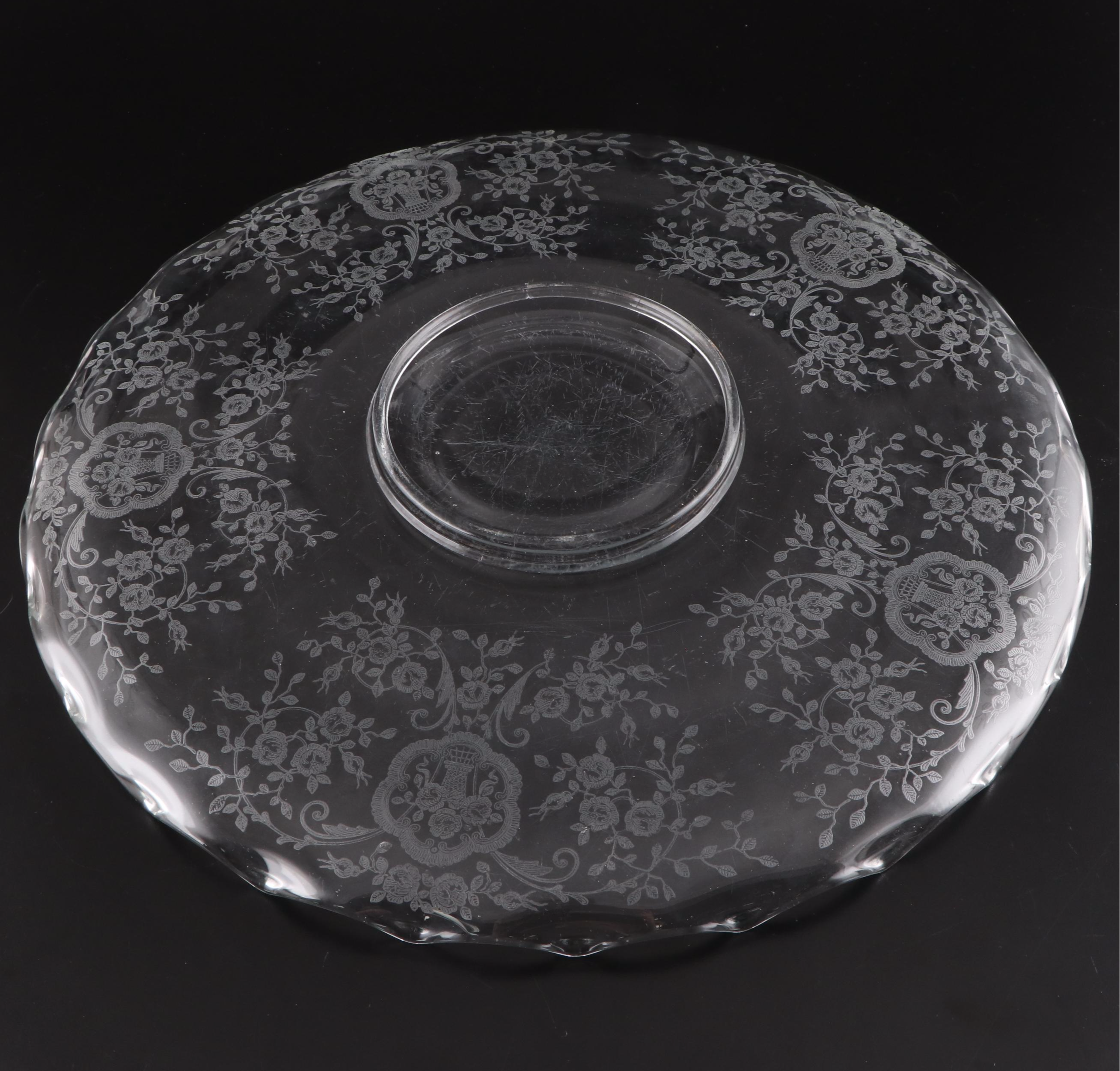 Pressed and Cut Glass Serving Bowls with Etched Glass Cake Plate