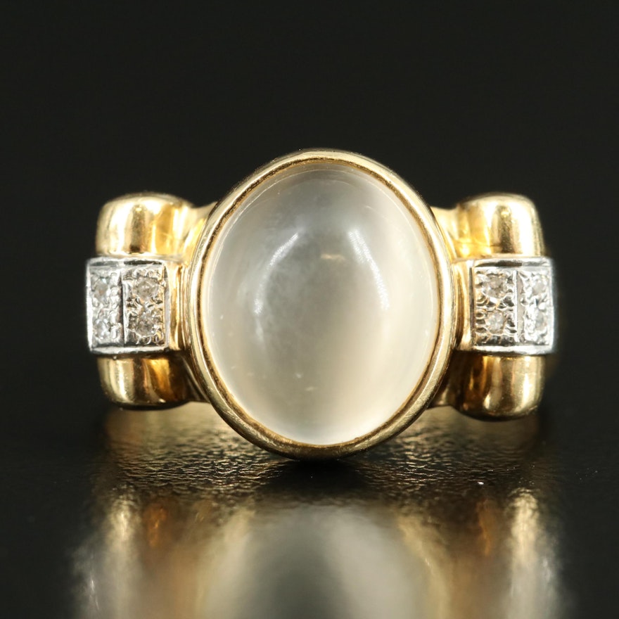 1950s 18K Moonstone and Diamond Ring with Platinum Accents