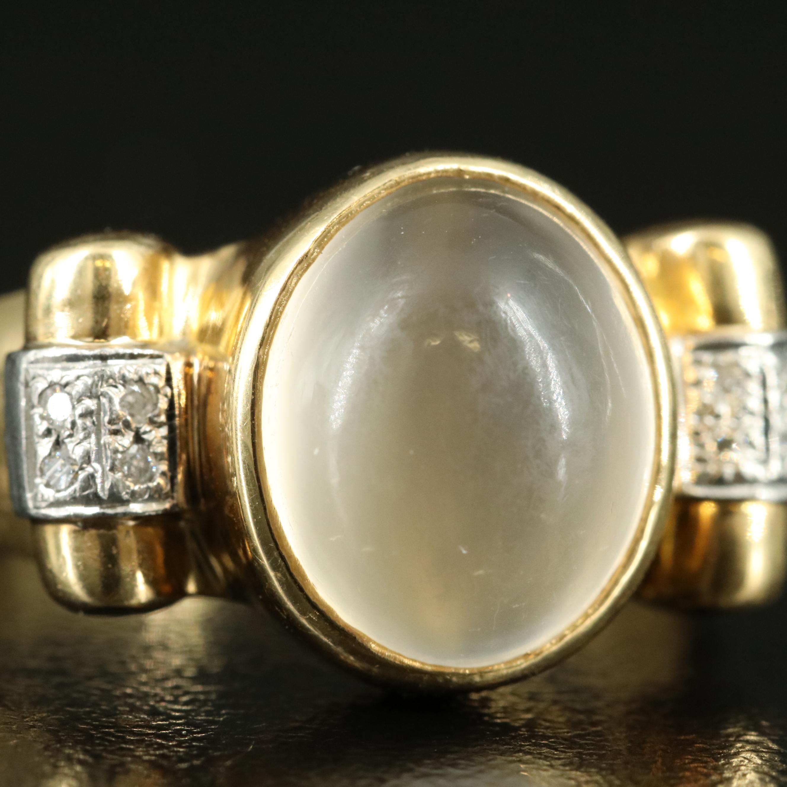 1950s 18K Moonstone and Diamond Ring with Platinum Accents
