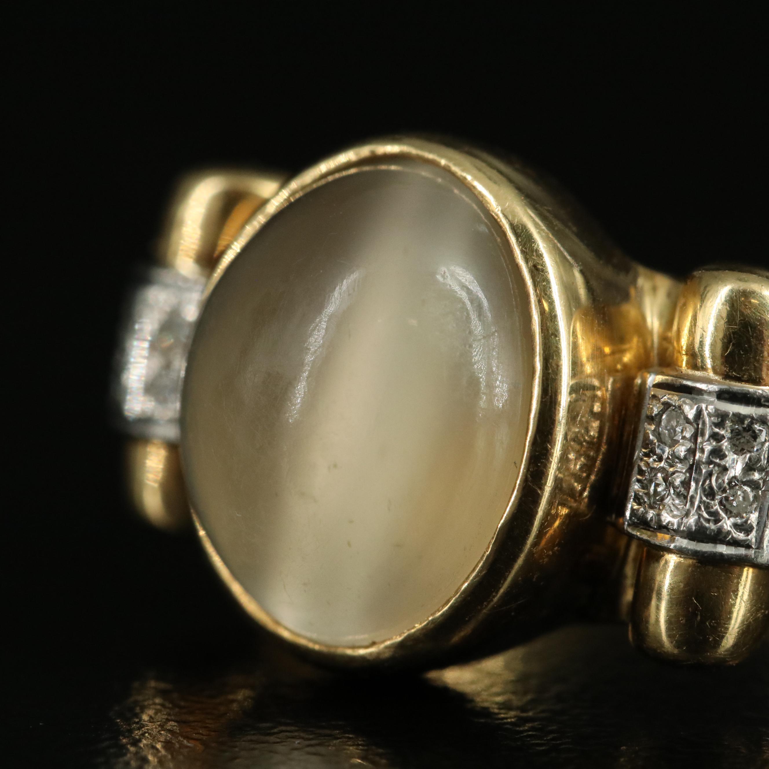 1950s 18K Moonstone and Diamond Ring with Platinum Accents