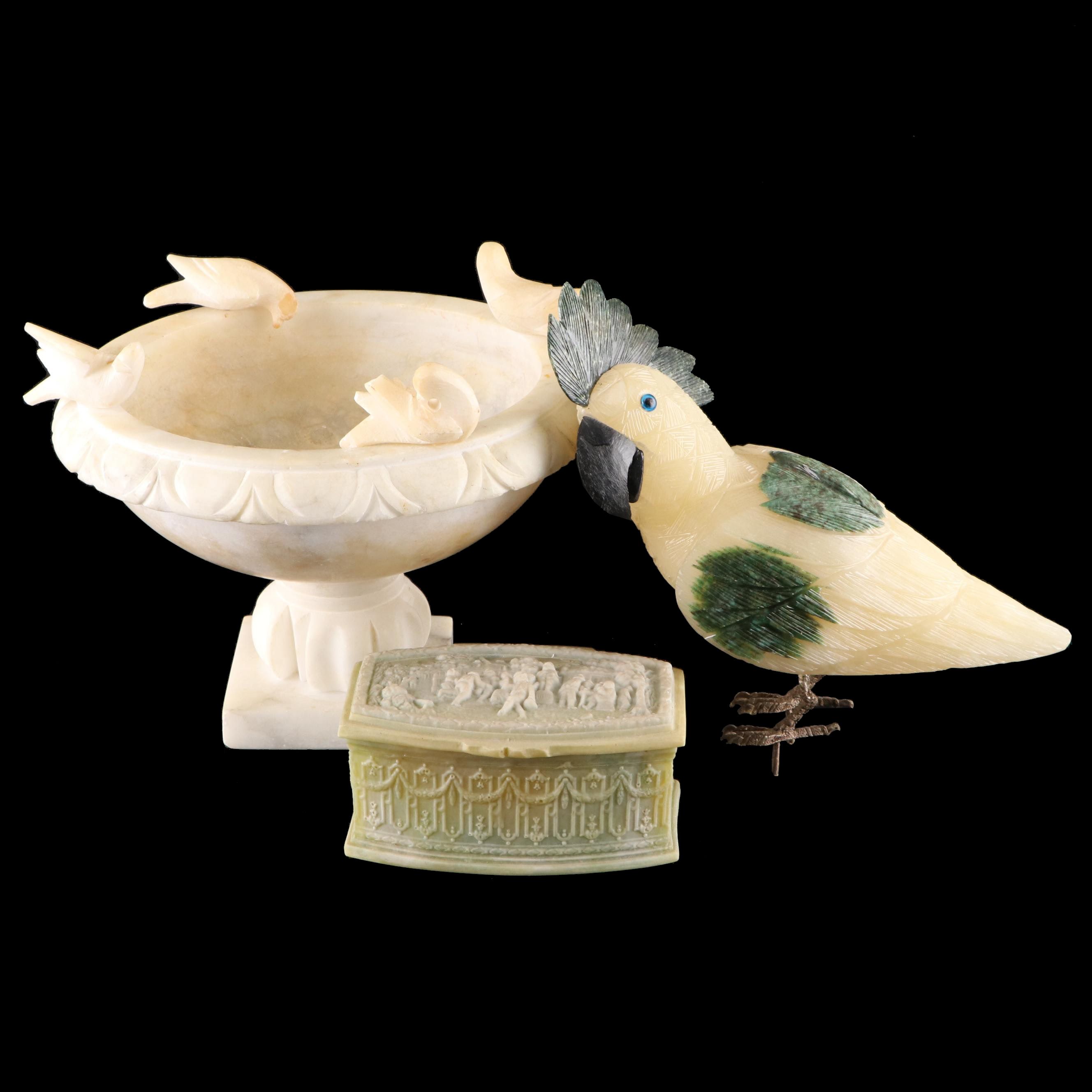 Carved Alabaster Pedestal Bowl, Stone Cockatiel Figurine, Incolay Trinket Box
