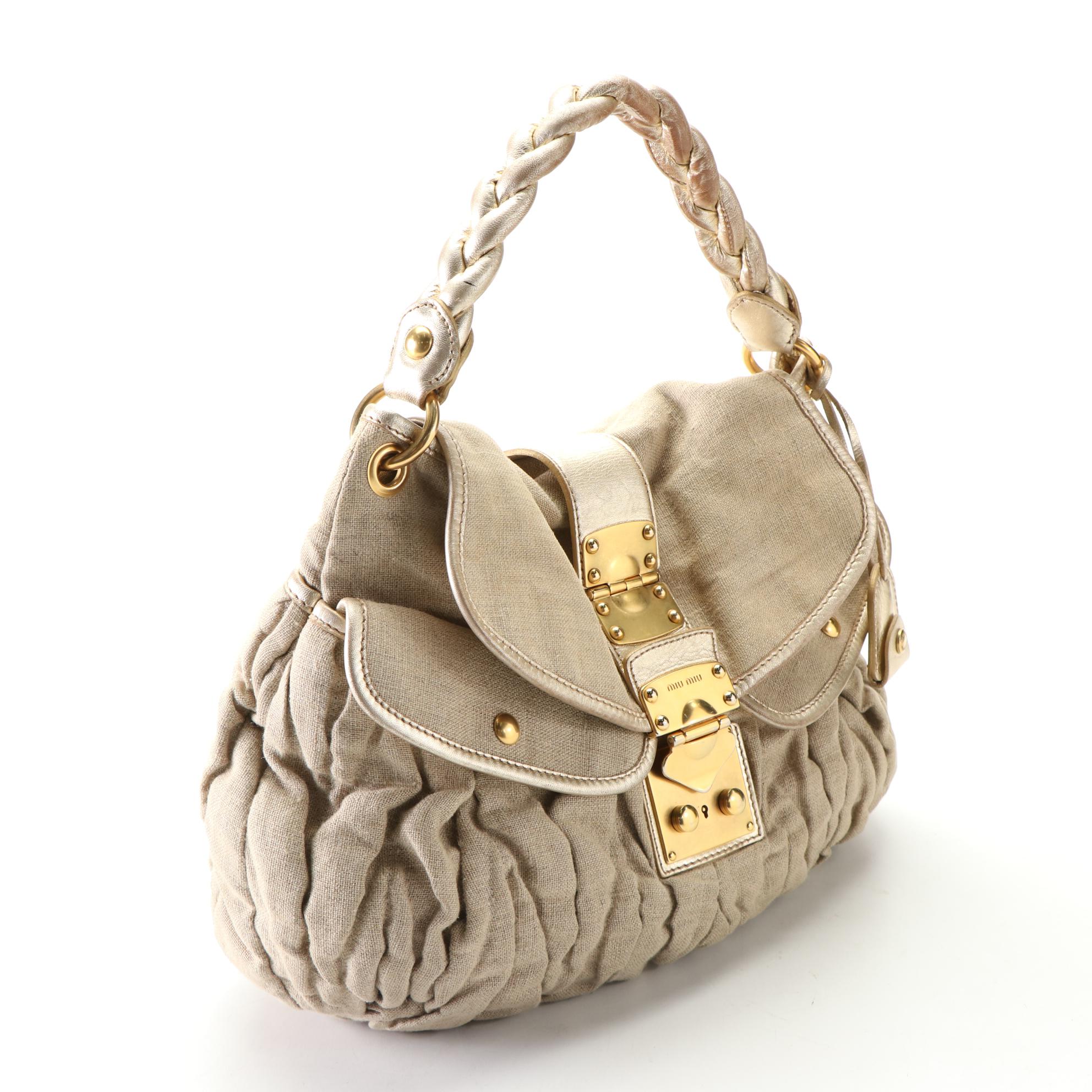 Miu Miu Shoulder Bag in Matelassé Linen with Leather