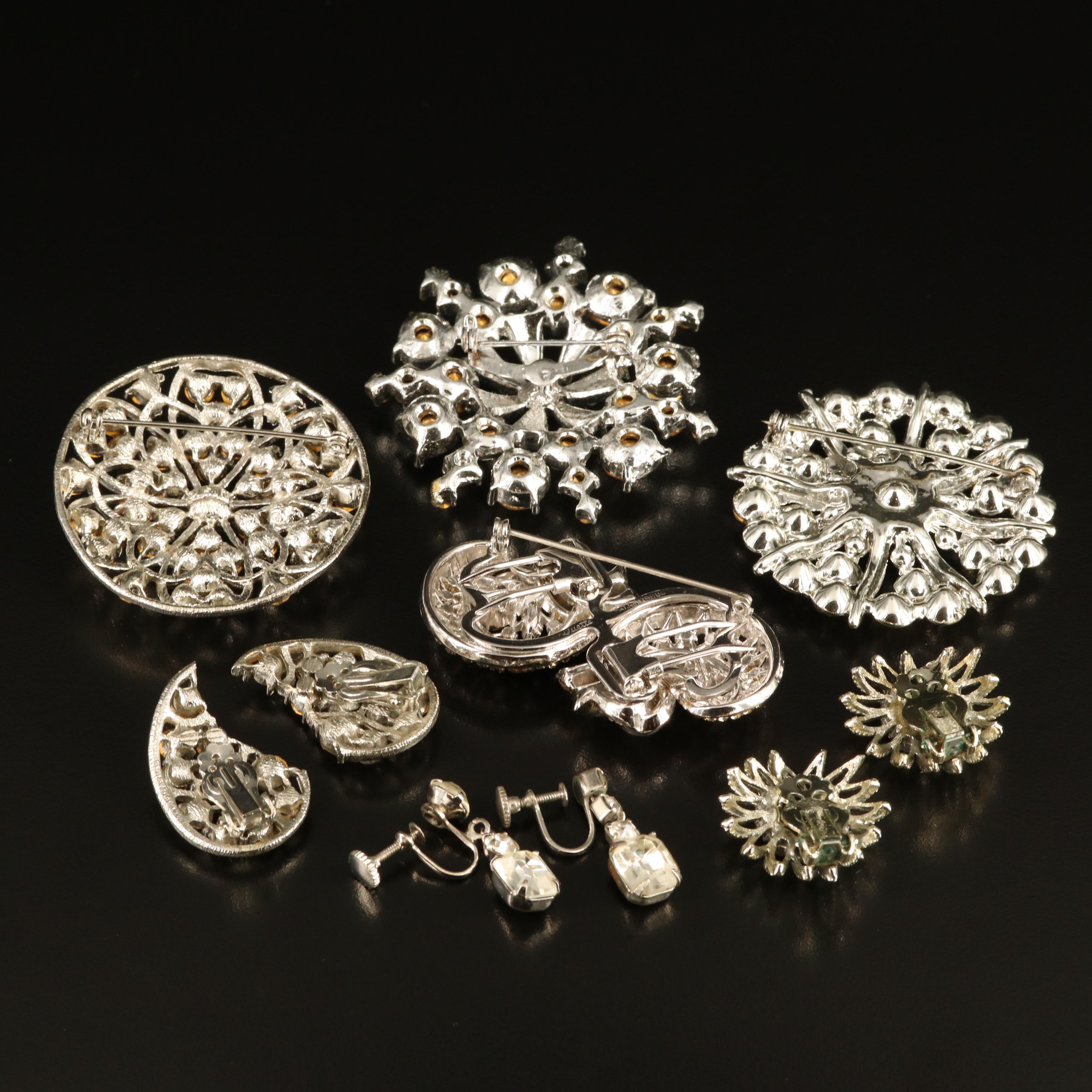 Rhinestone Brooches and Earrings Featuring Duette Brooch