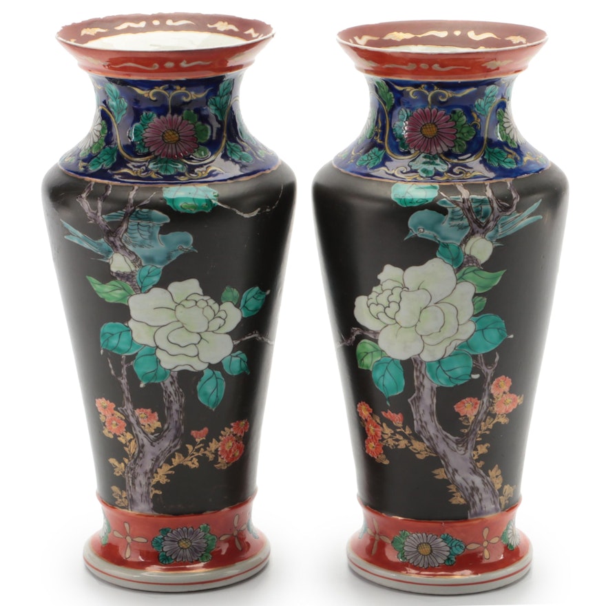 Pair of East Asian Hand-Painted Floral Porcelain Vases