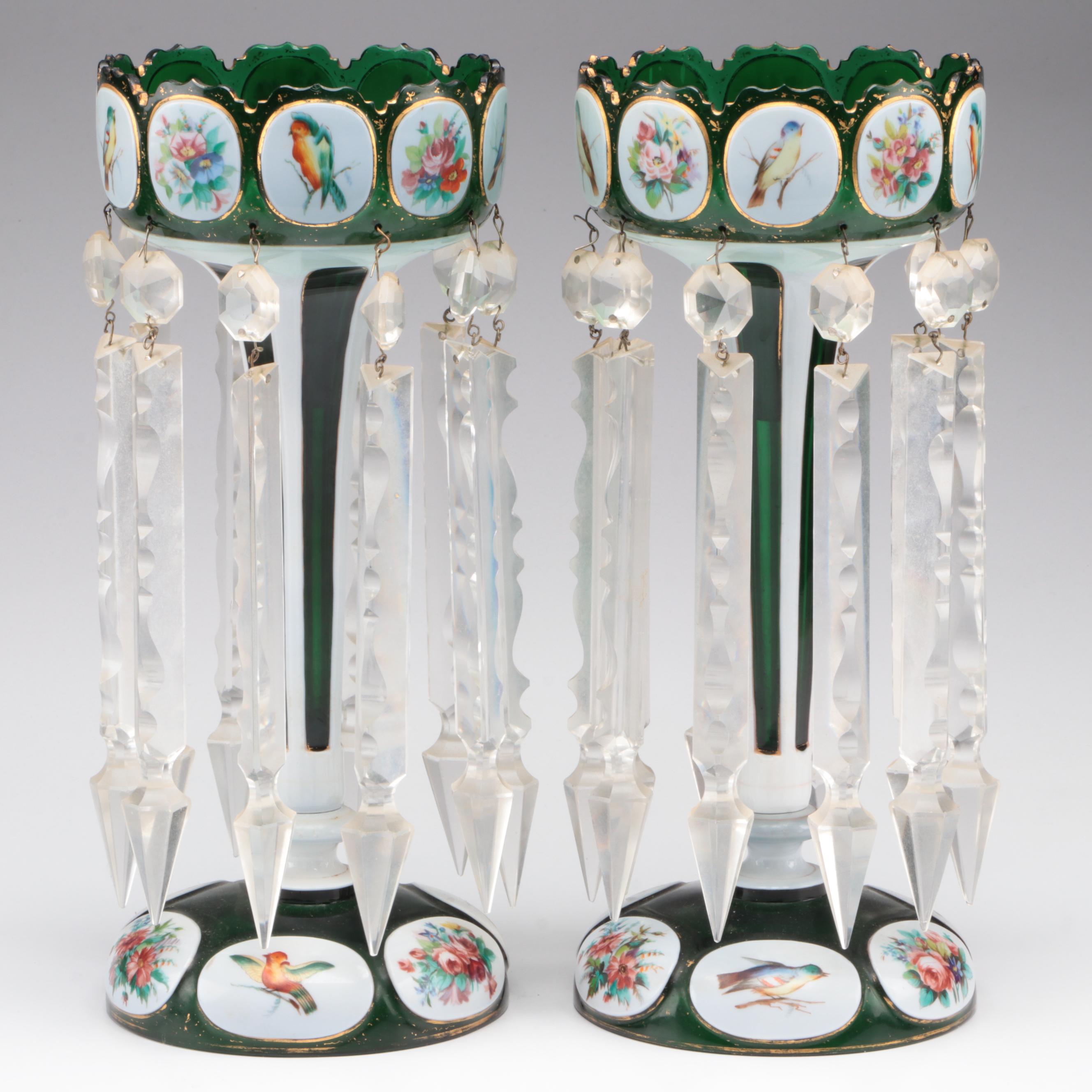 Bohemian Green Overlay Glass Mantle Lusters, Early 20th Century