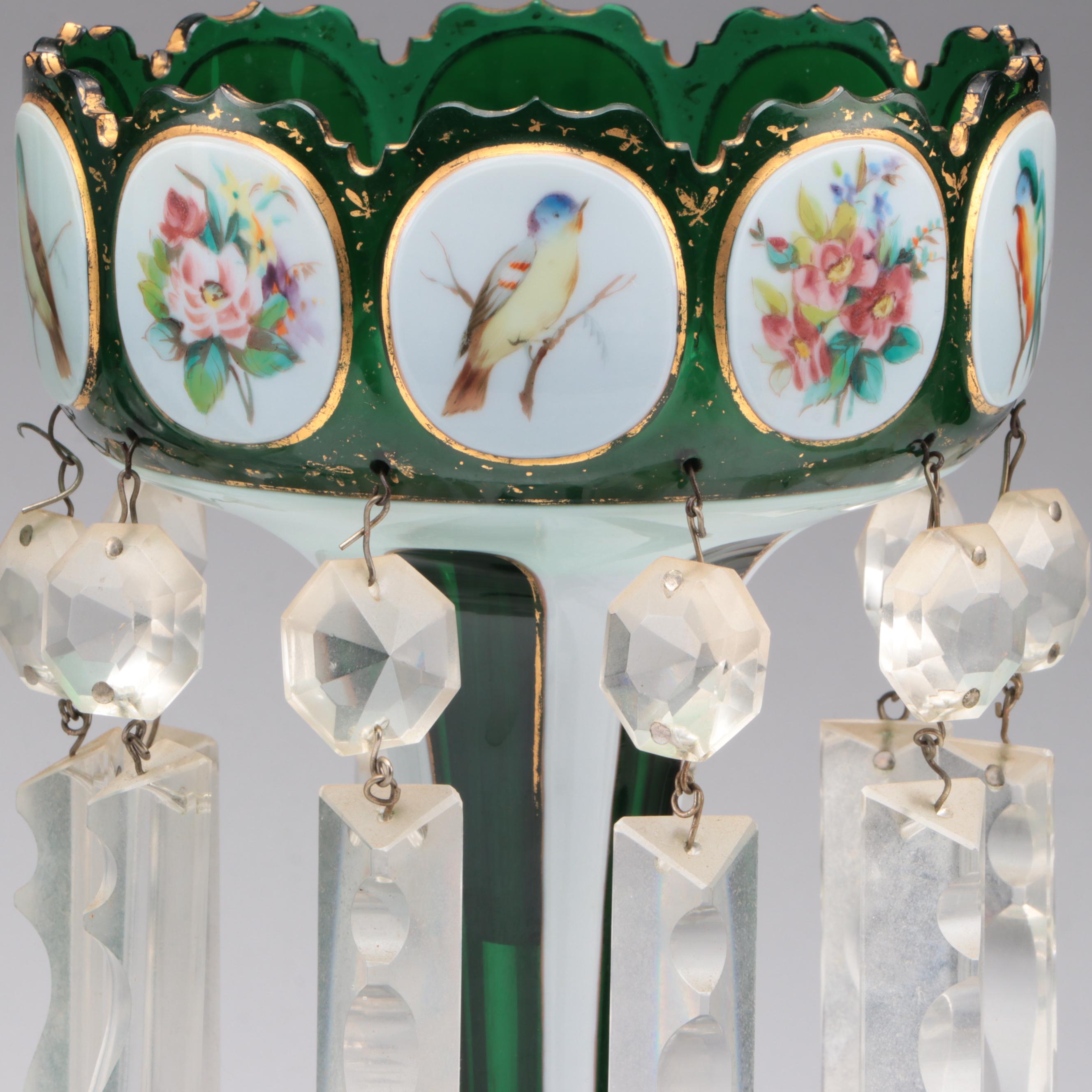 Bohemian Green Overlay Glass Mantle Lusters, Early 20th Century