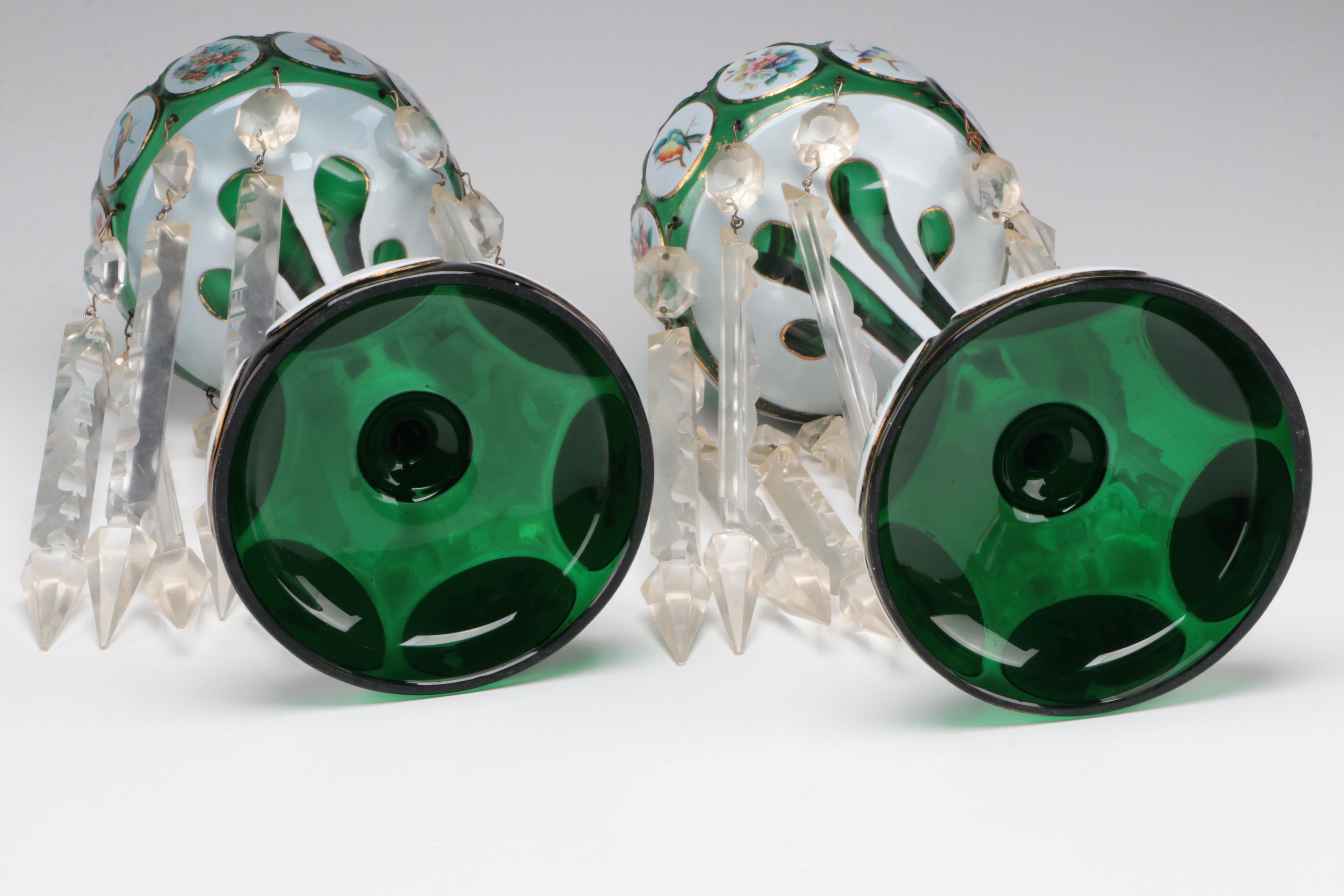 Bohemian Green Overlay Glass Mantle Lusters, Early 20th Century