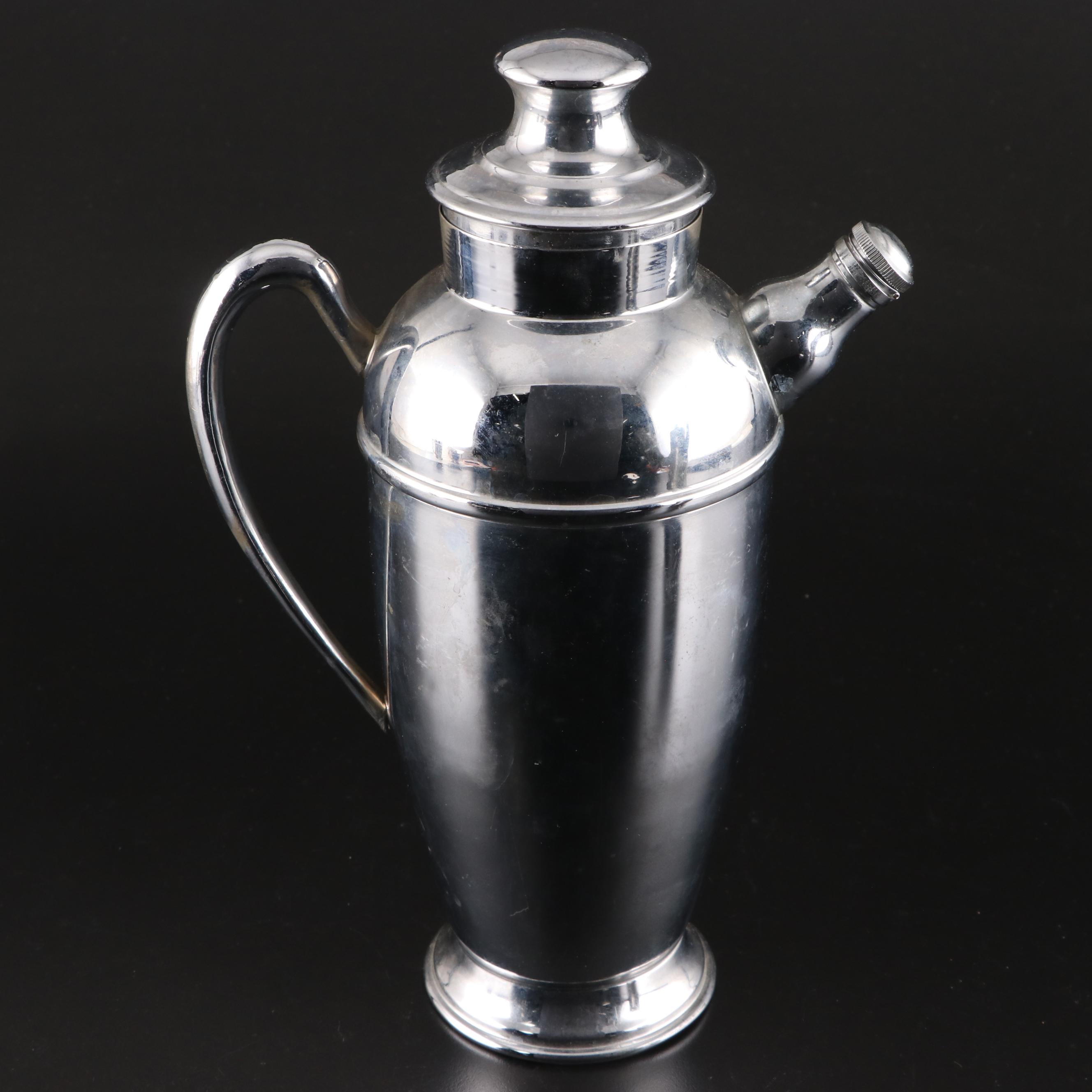 B. Evensen Pewter Coffee Pot with Cocktail Shaker and Silver Plate Tableware