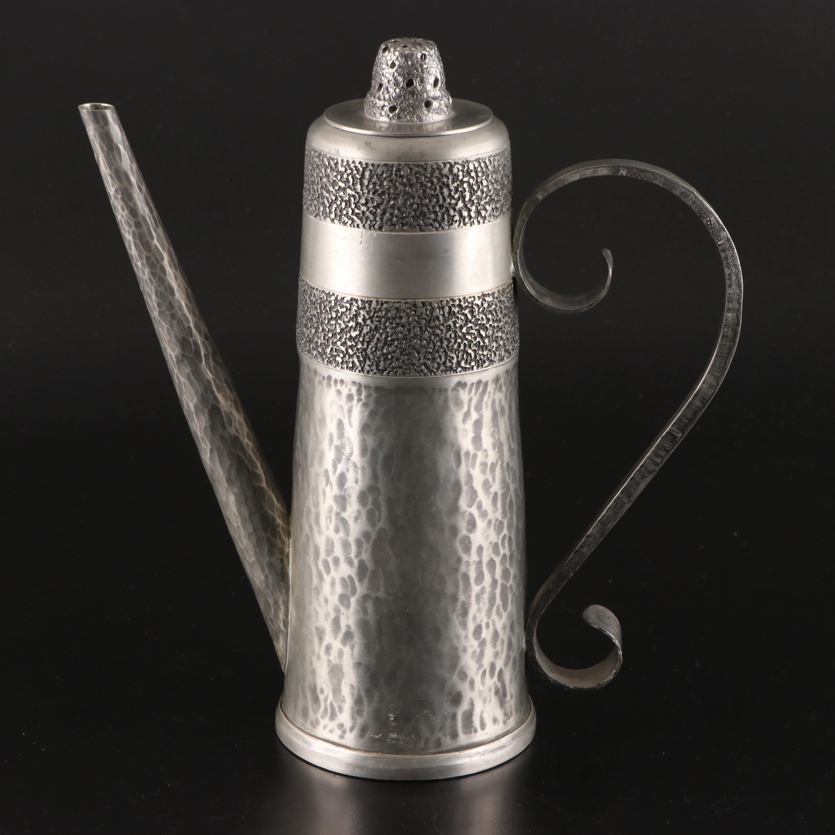 B. Evensen Pewter Coffee Pot with Cocktail Shaker and Silver Plate Tableware