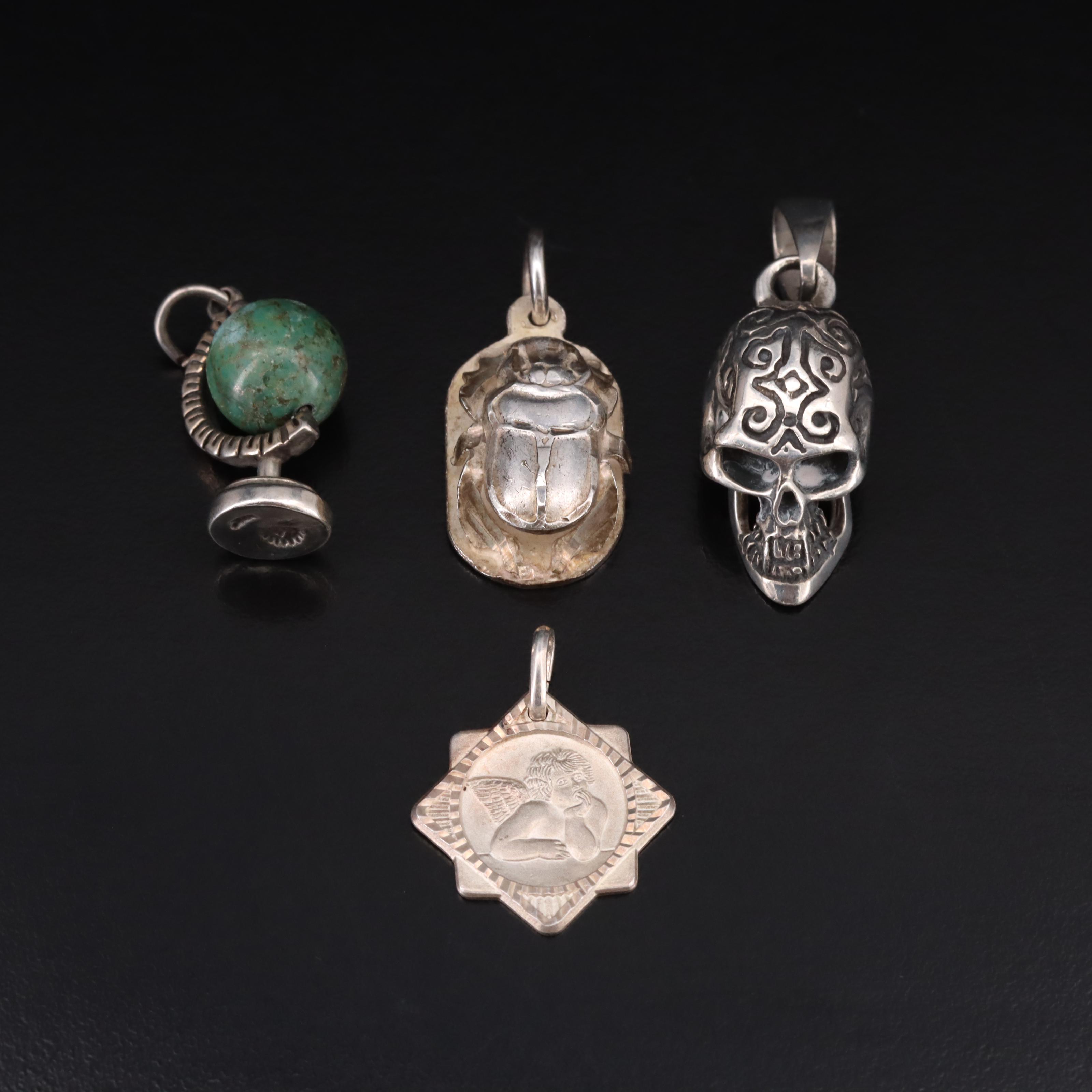 Sterling Scarab, Skull, Angel and Turquoise Globe Pendants