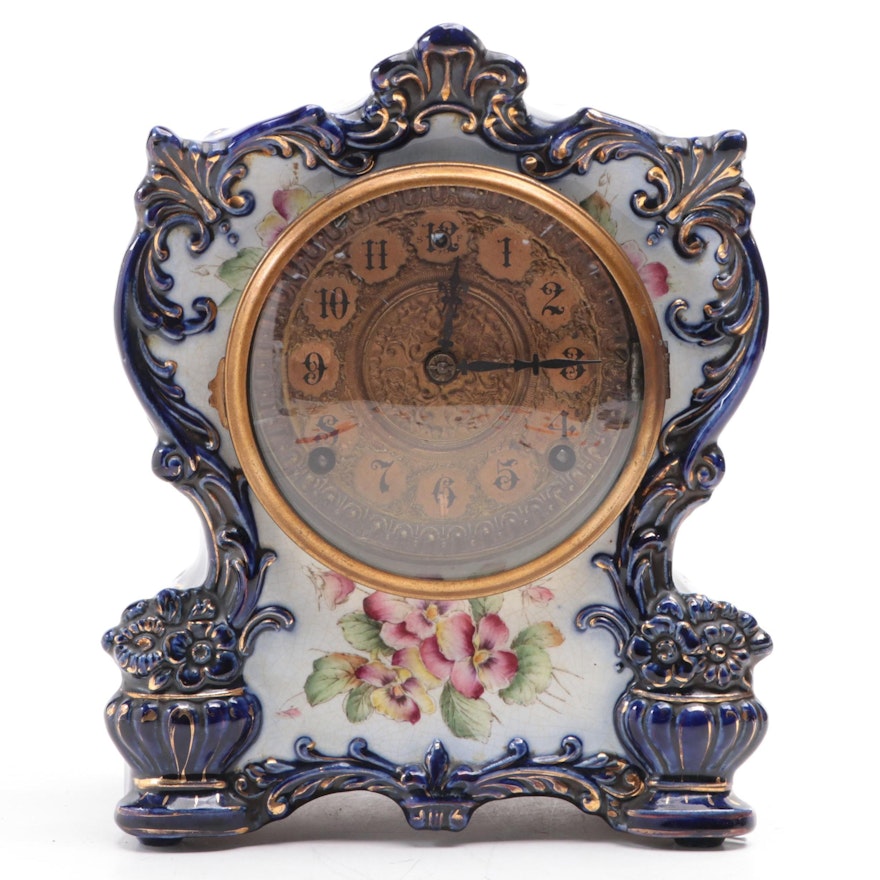 German Style Floral Porcelain Mantel Clock, Late 19th/ Early 20th Century