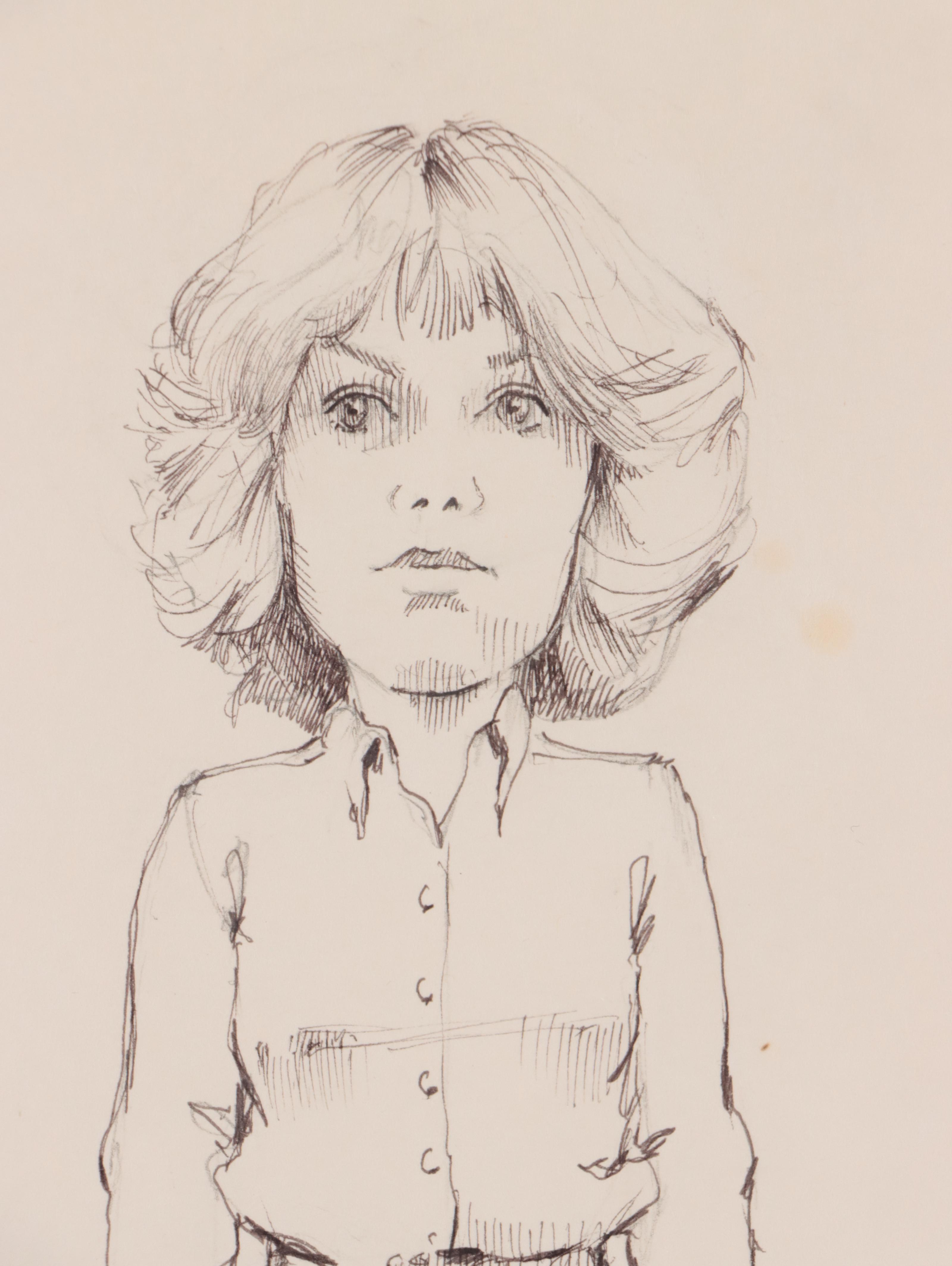 Pen & Ink Caricature Portrait Drawing of Standing Woman, 1981