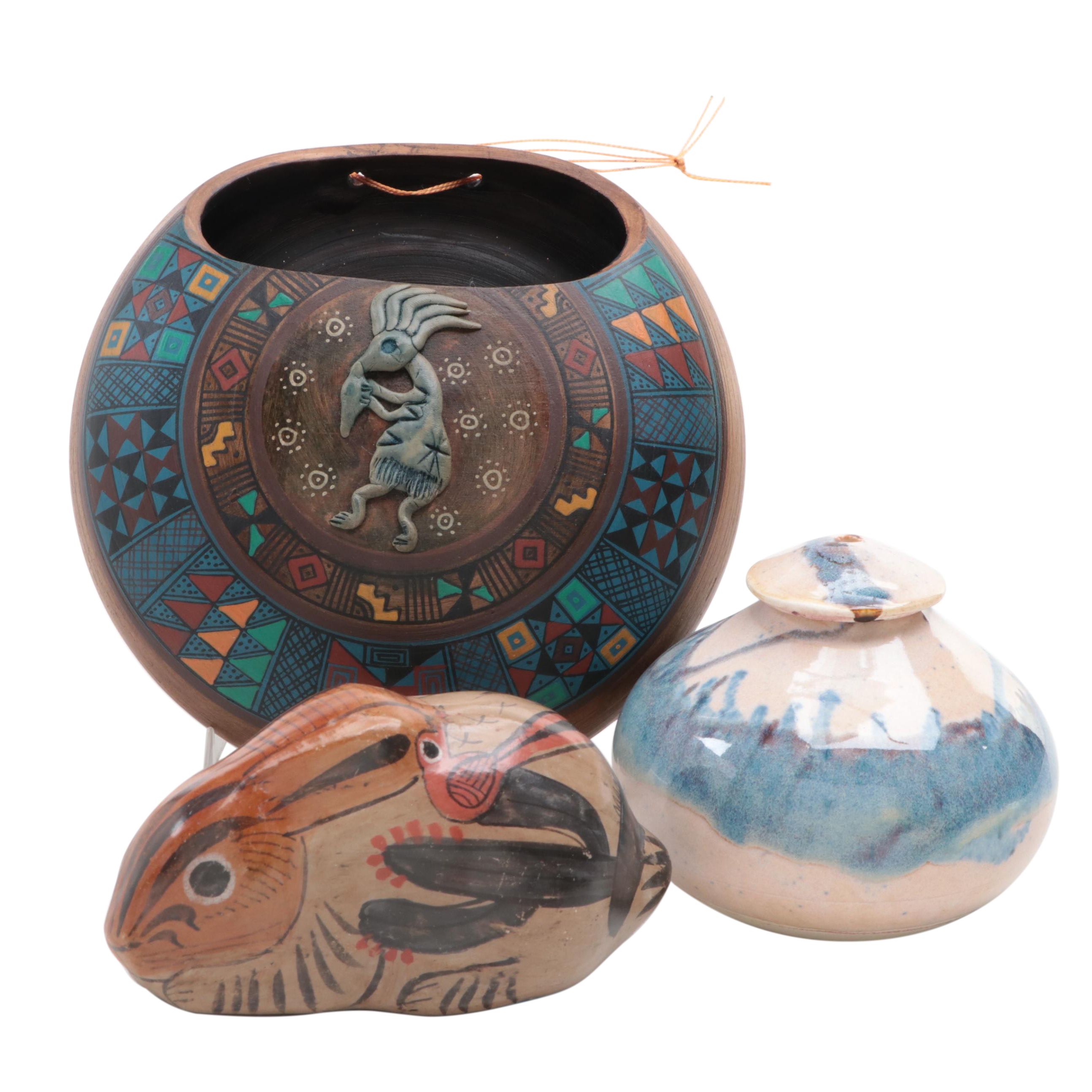 Mexican Tonala Pottery Rabbit Figurine with Other Studio Art Pottery