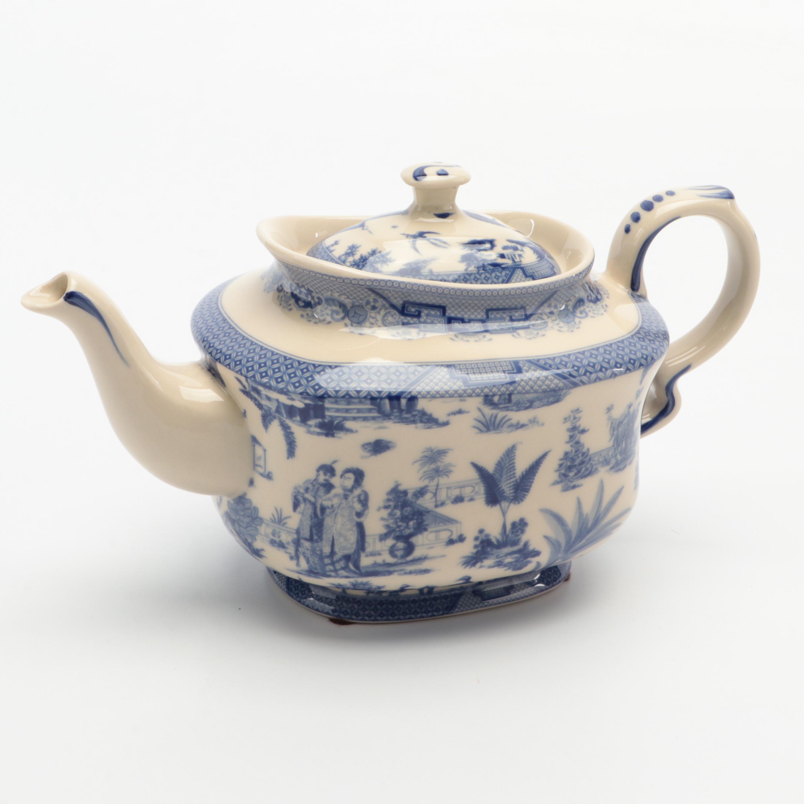 Victoriaware Blue and White Teapot with Decorative Chinese Export Style Tureen