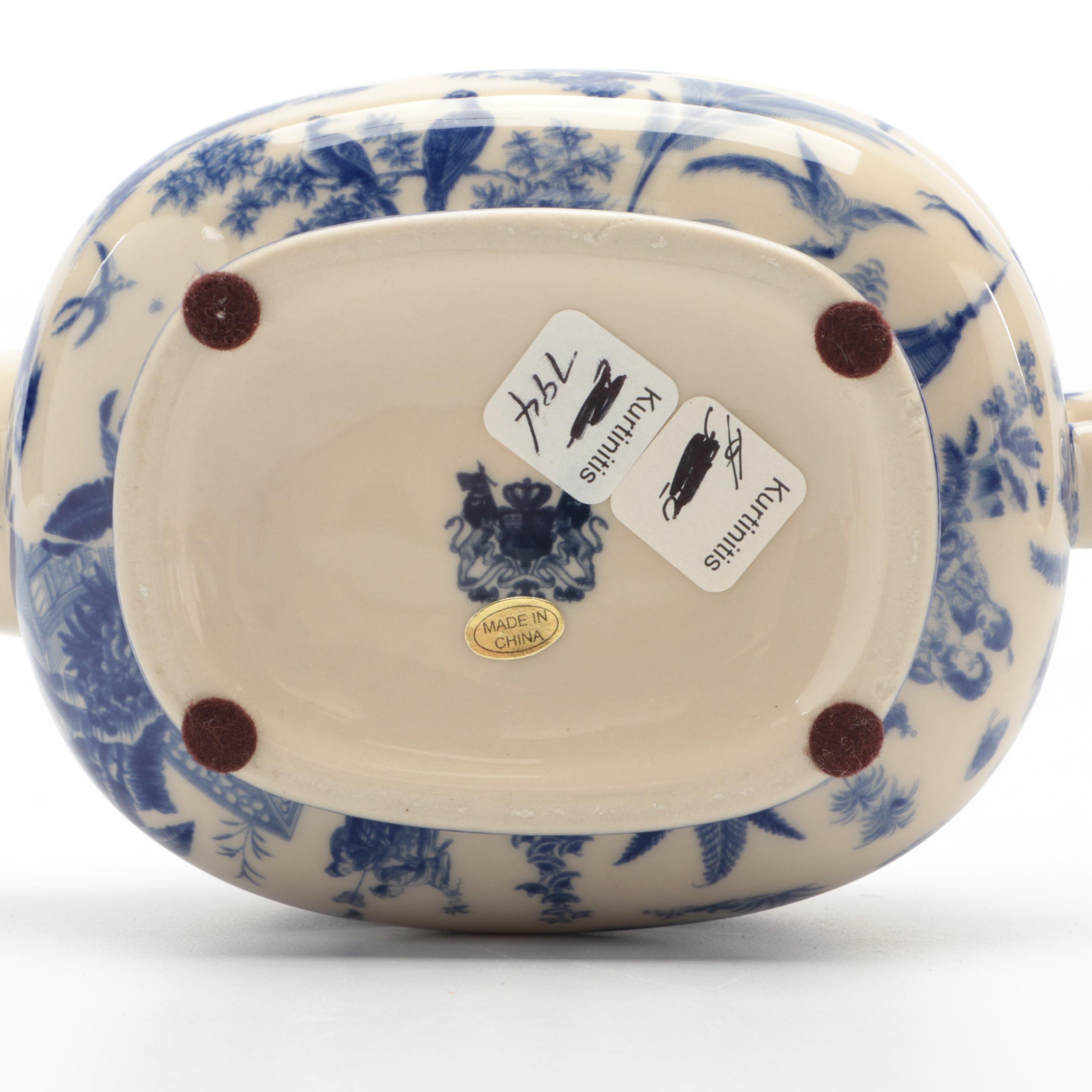 Victoriaware Blue and White Teapot with Decorative Chinese Export Style Tureen