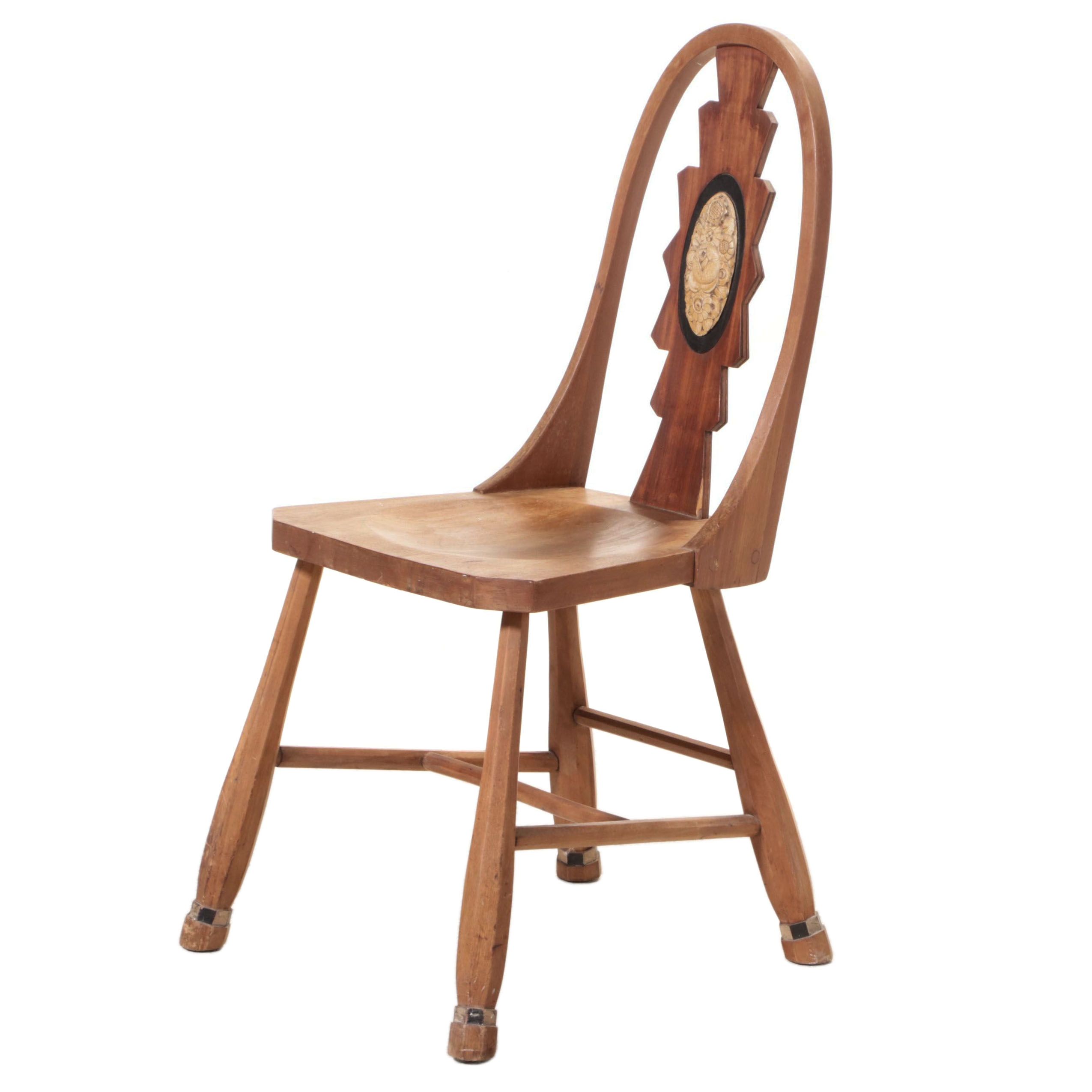 European Folk Art Style Carved Back Wooden Chair, 20th Century