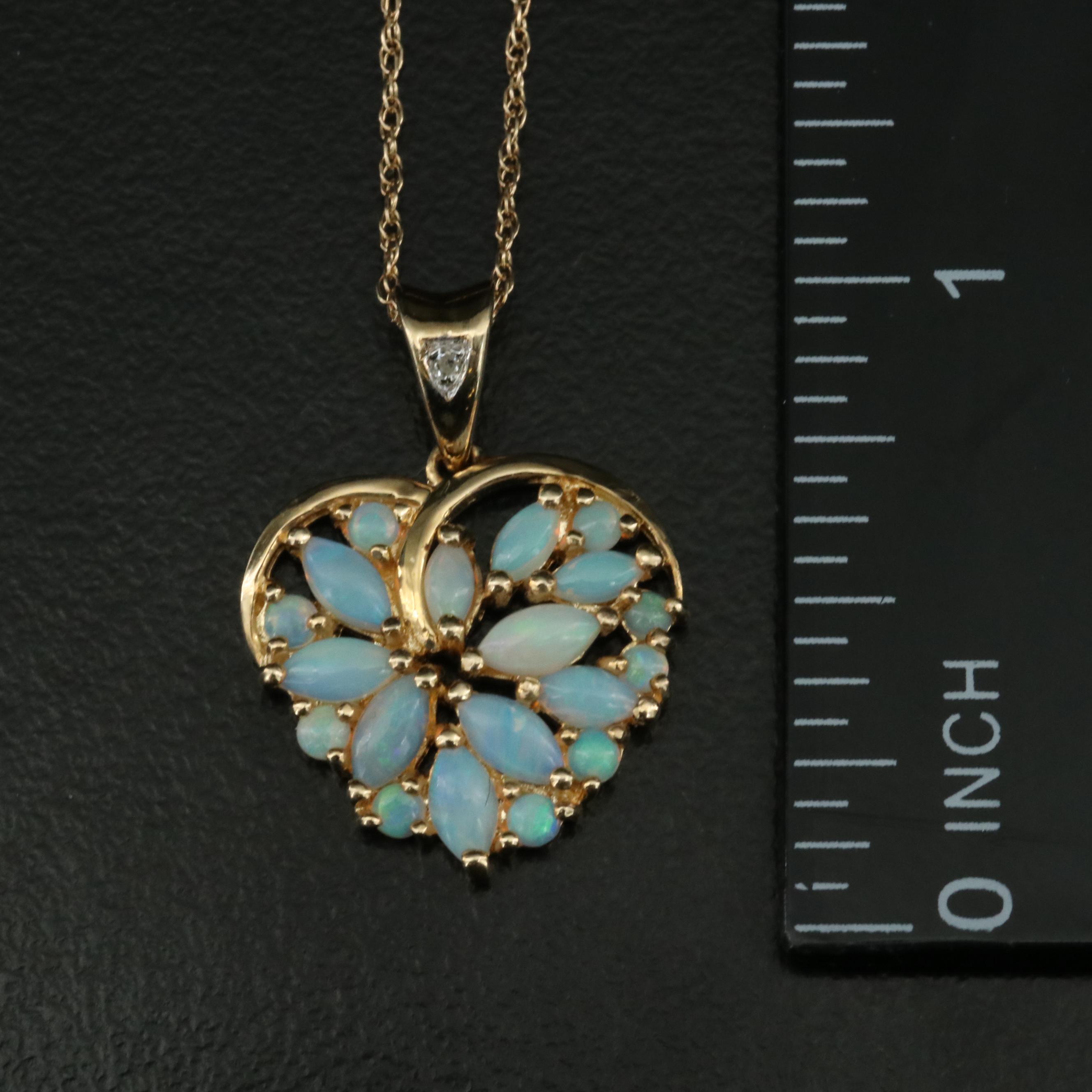 14K Opal and Diamond Heart Pendant Necklace
