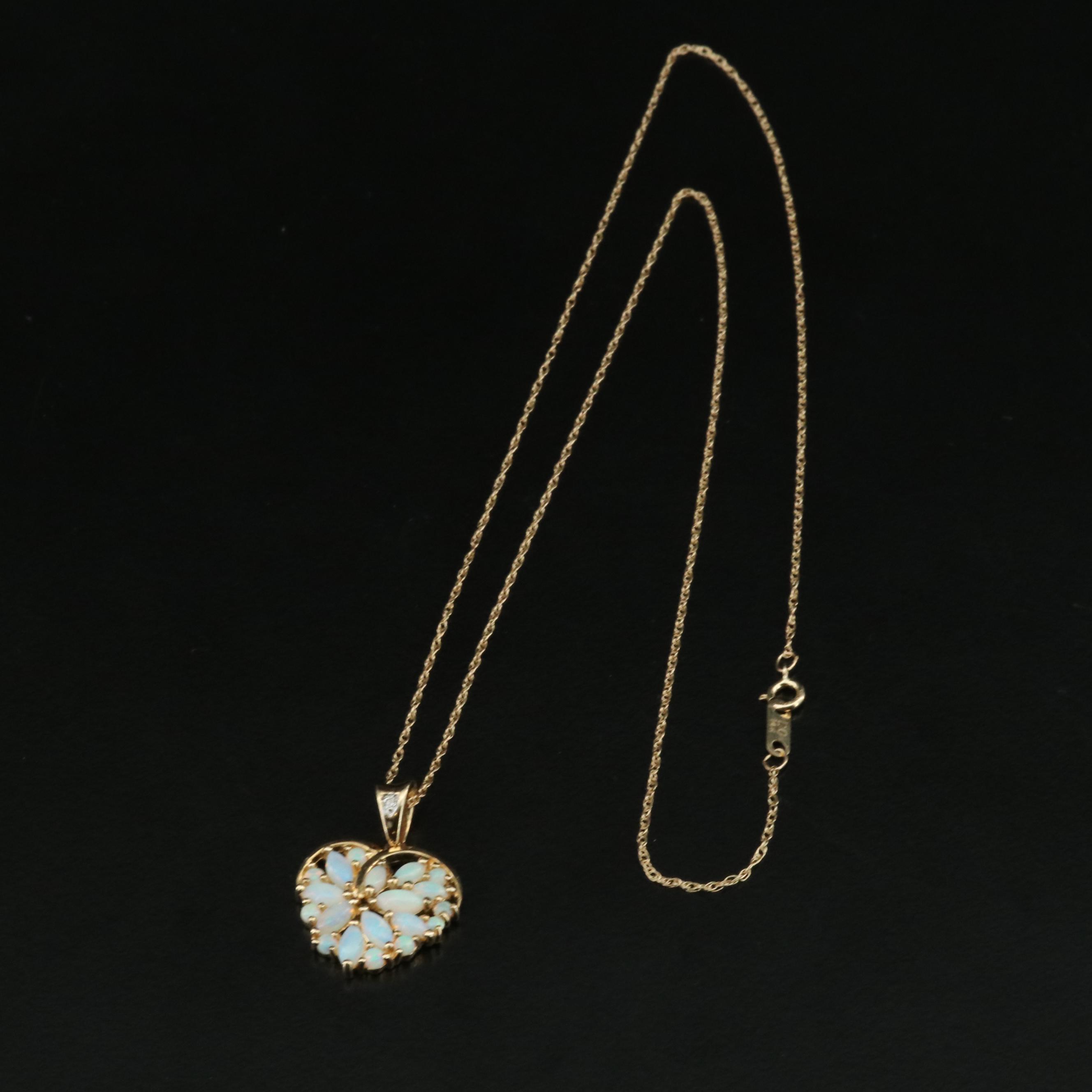 14K Opal and Diamond Heart Pendant Necklace