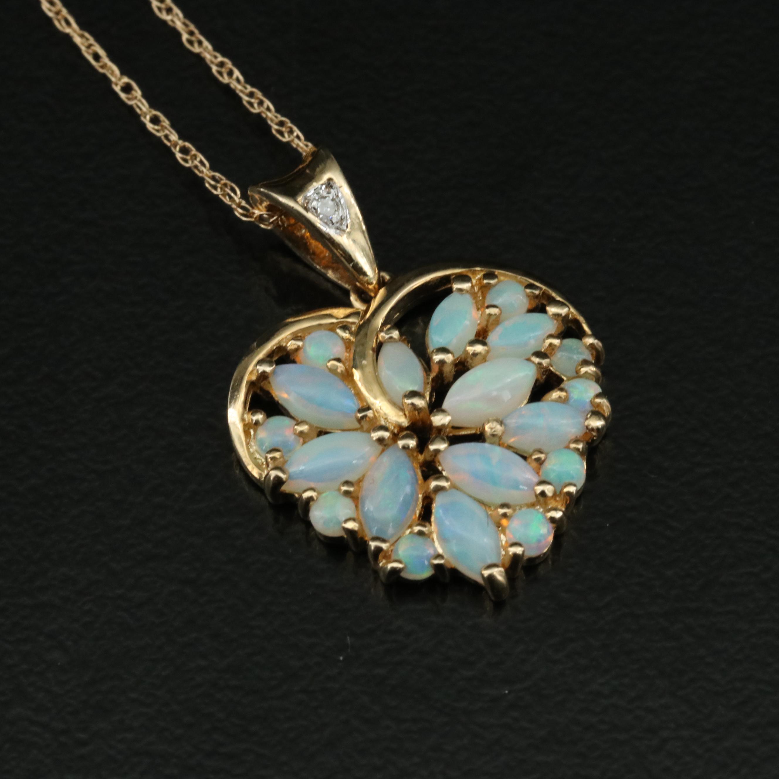 14K Opal and Diamond Heart Pendant Necklace