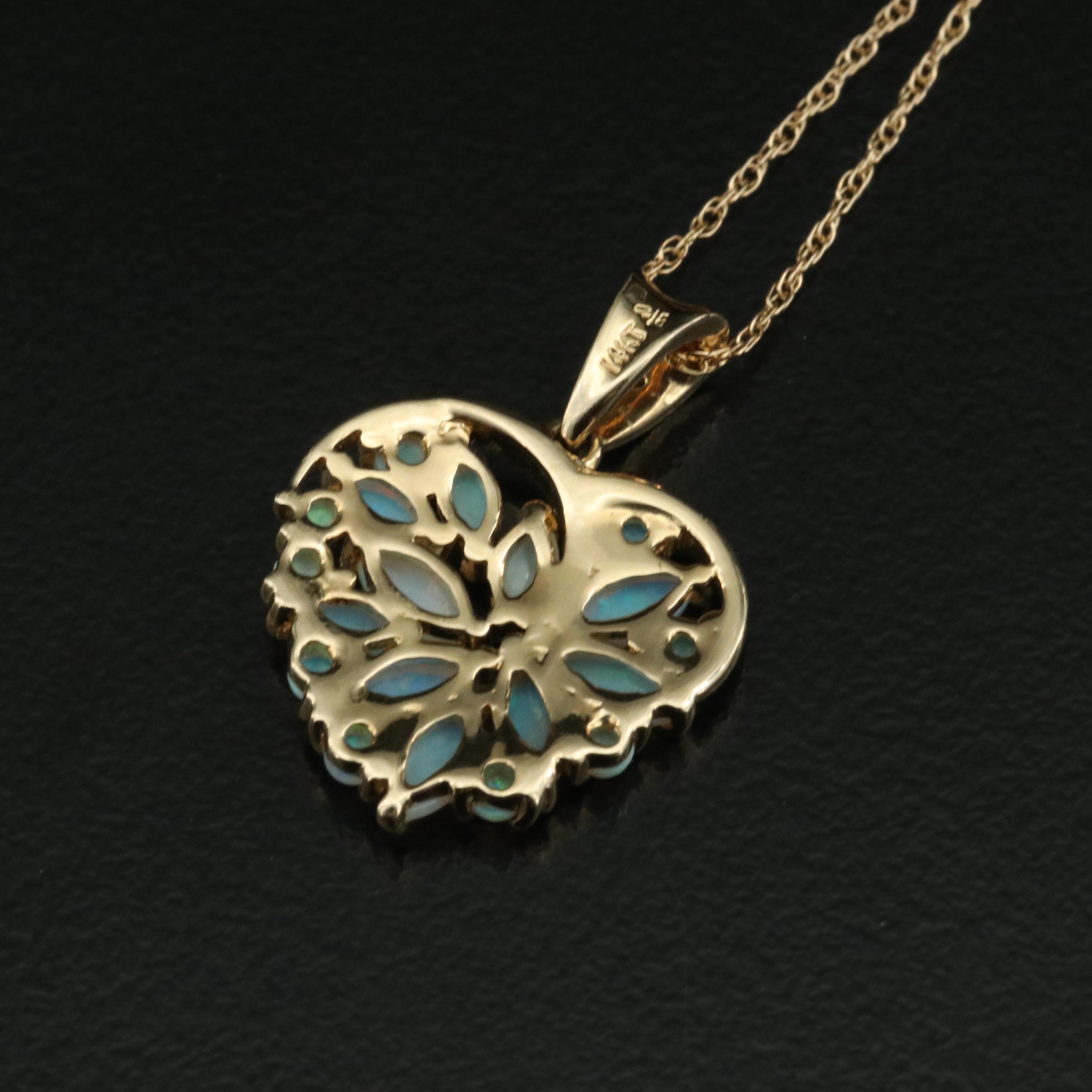 14K Opal and Diamond Heart Pendant Necklace