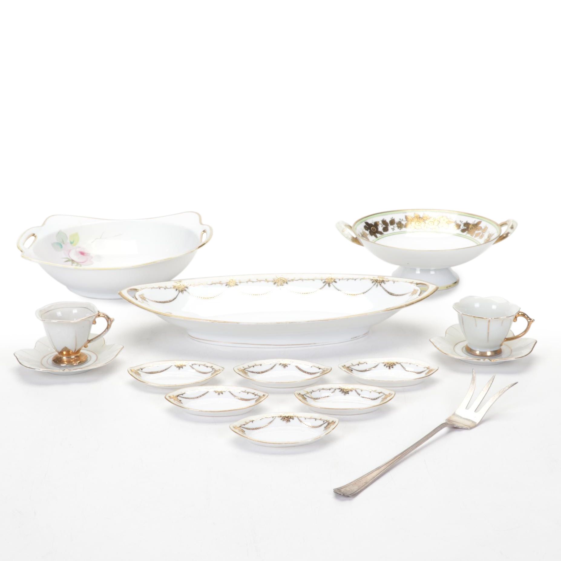 Nippon Hand-Painted Porcelain Tableware With Sterling Lettuce Fork