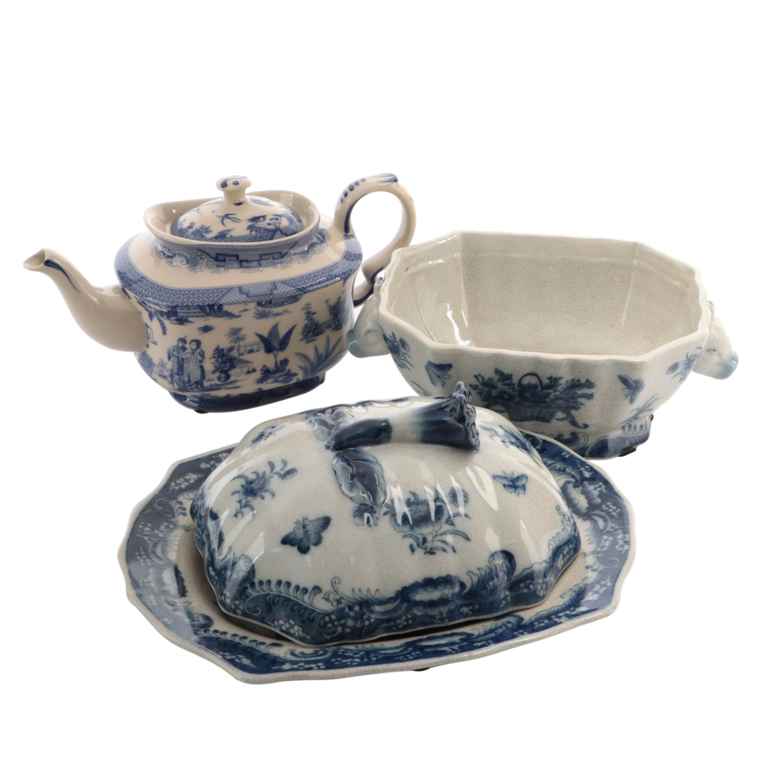 Victoriaware Blue and White Teapot with Decorative Chinese Export Style Tureen