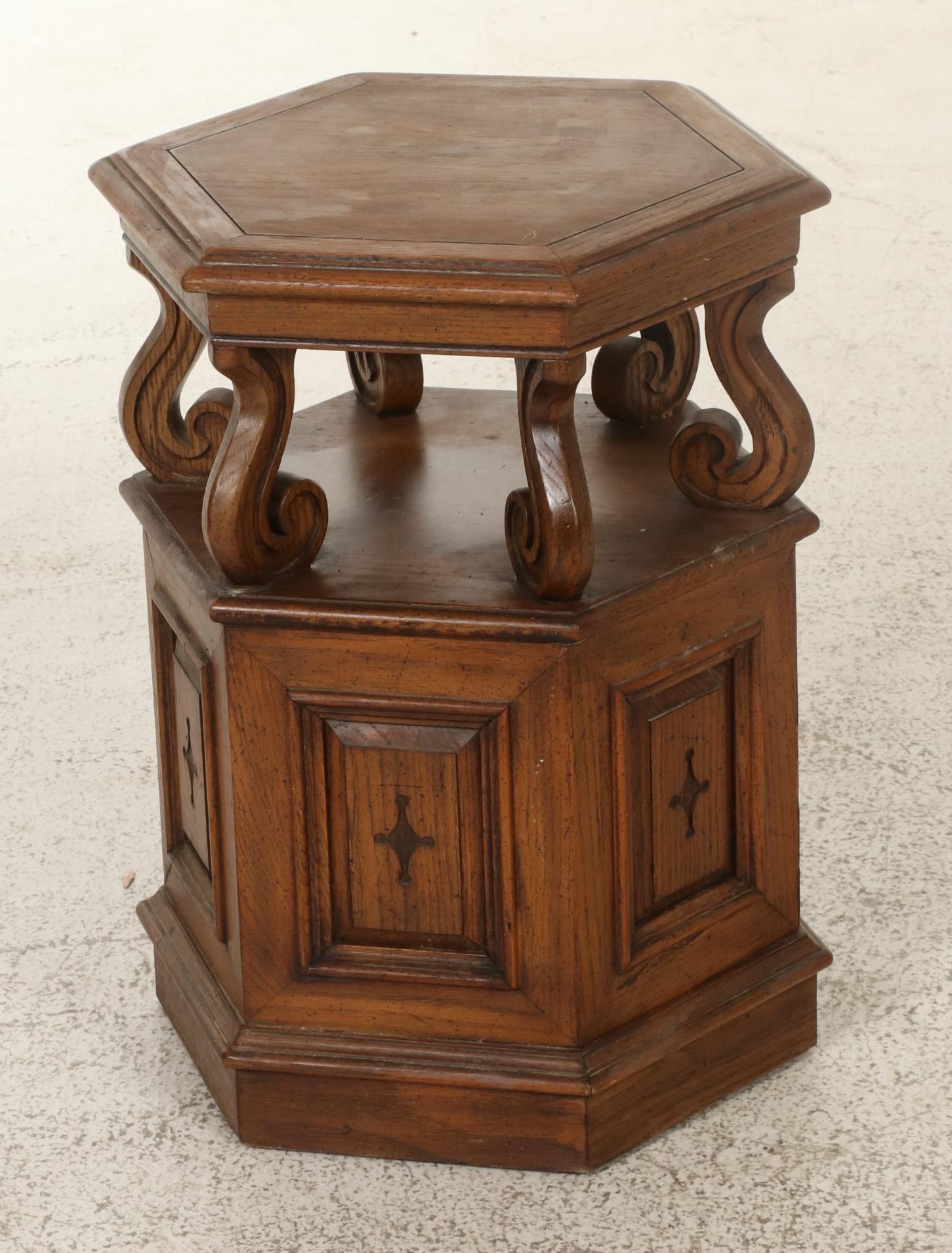 Columbia Manufacturing Co. Pecan Hexagonal Side Table, Mid to Late 20th Century