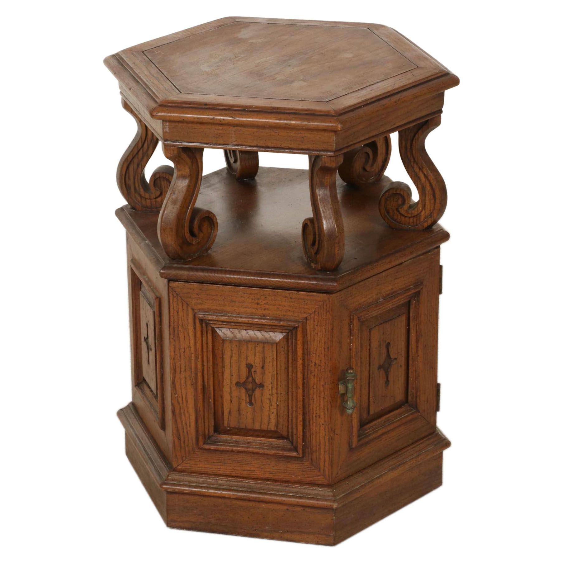 Columbia Manufacturing Co. Pecan Hexagonal Side Table, Mid to Late 20th Century