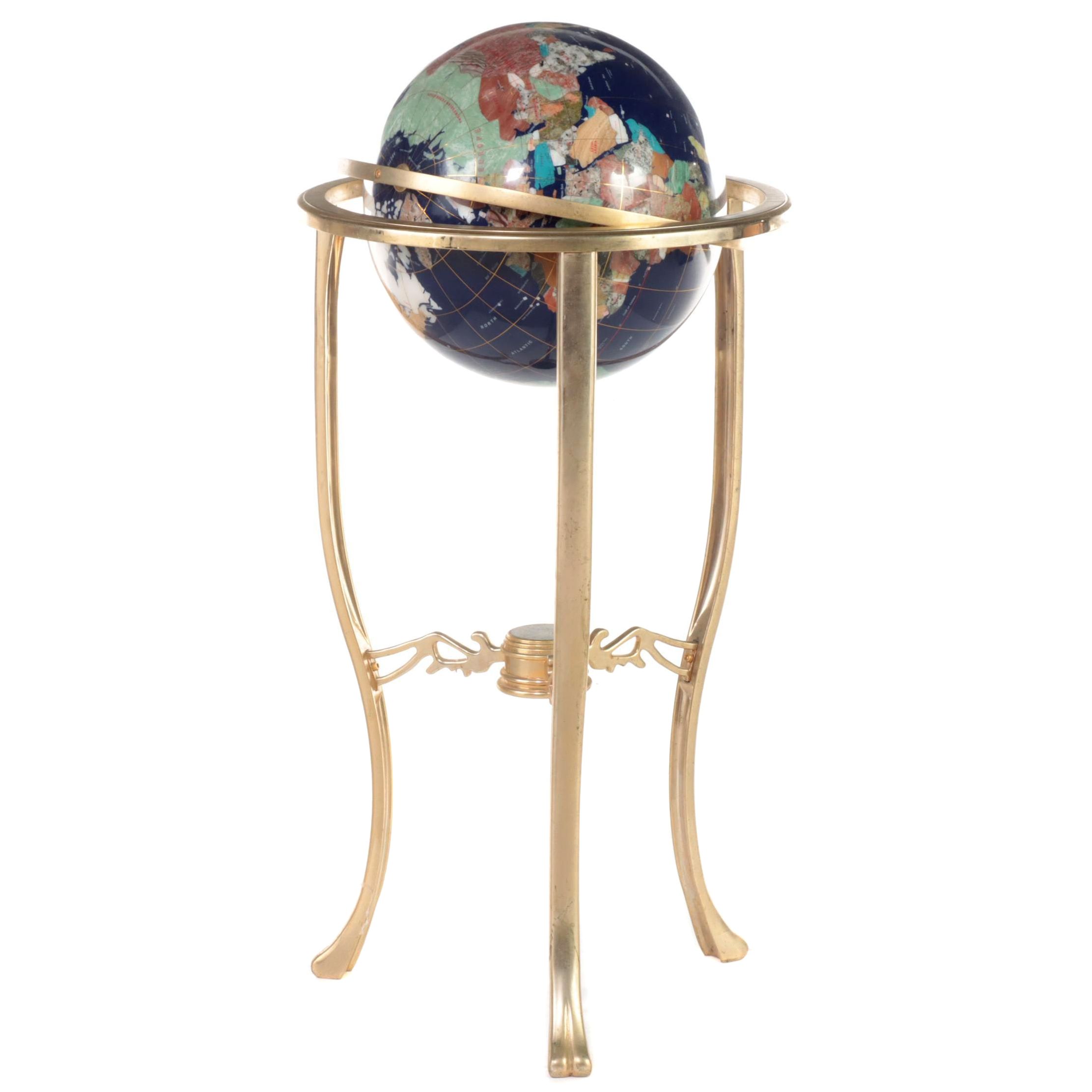 Abalone and Gemstone Inlaid Floor Globe with Three-Leg Brass Stand
