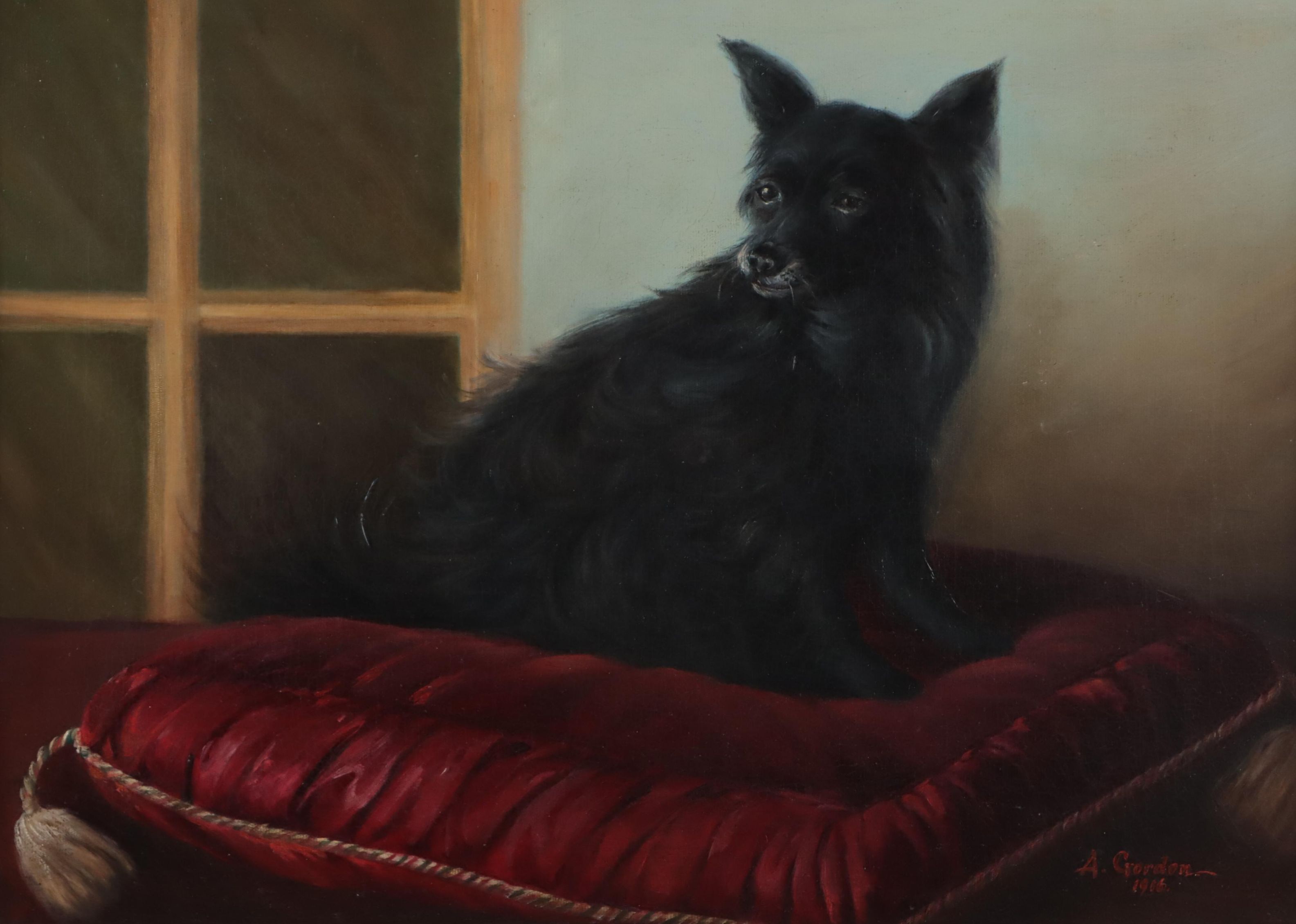European School Oil Painting of a Dog, 1916