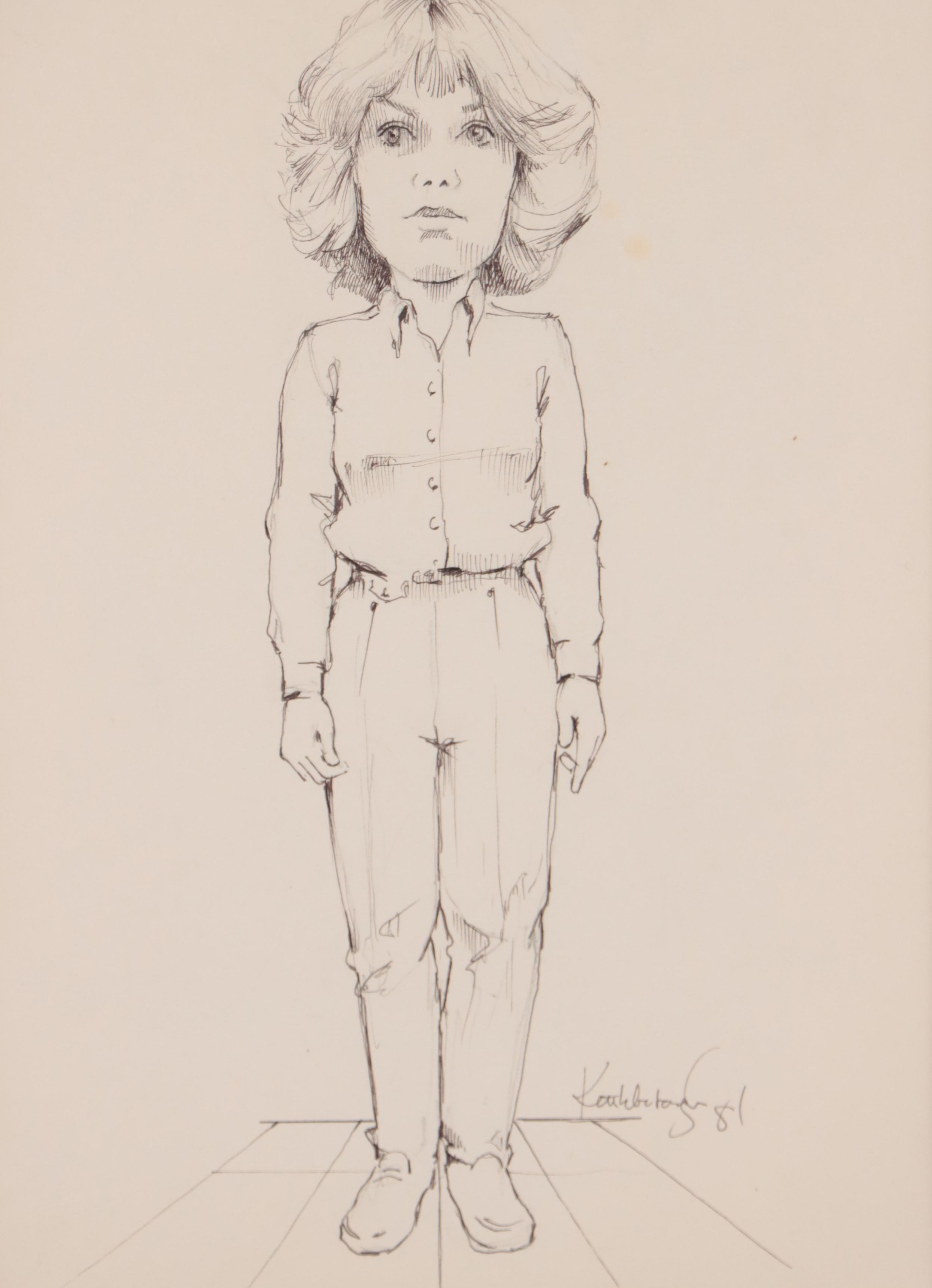 Pen & Ink Caricature Portrait Drawing of Standing Woman, 1981